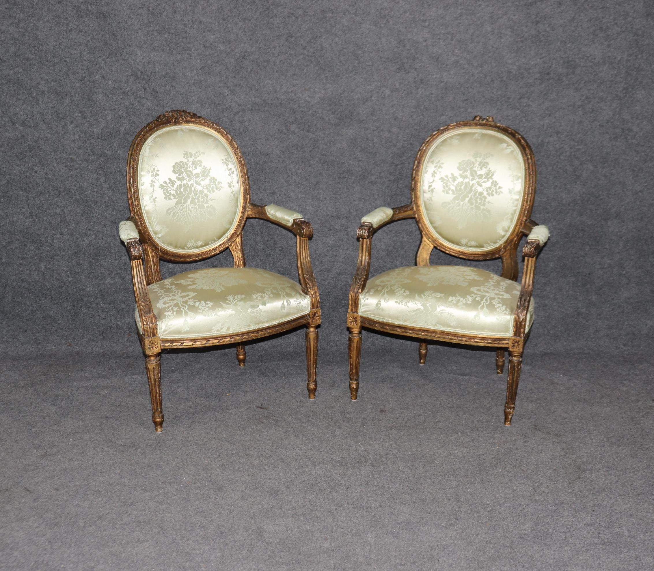 Antique Louis XVI Style Gilt Armchairs: Distressed French Accent Chairs, Pair