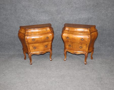 Vintage Italian Bombe Nightstands: Inlaid 3-Drawer Commodes, Mid-Century Pair