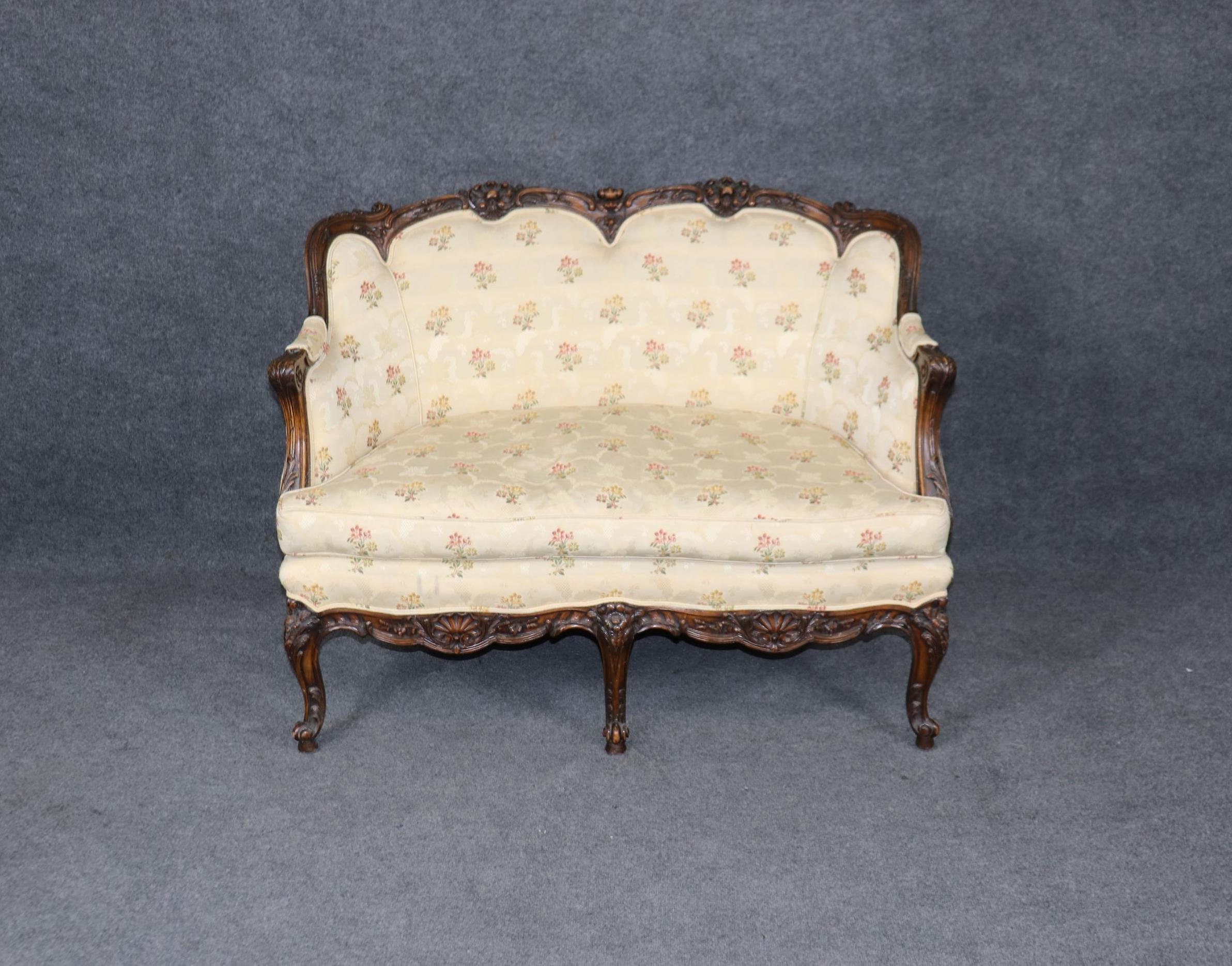 Antique Georgian Style Carved Settee: Floral Upholstery Loveseat