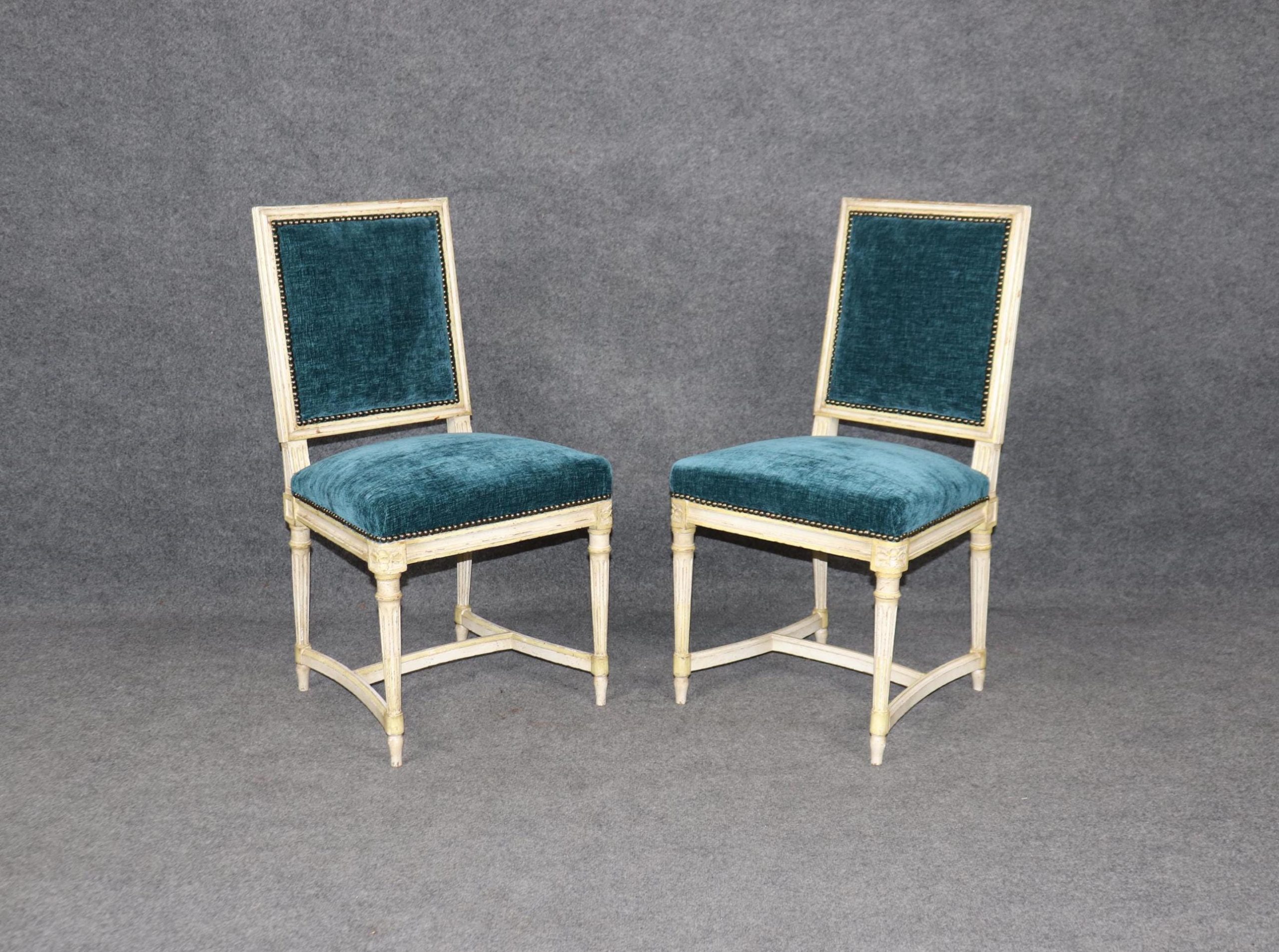 Pair of French Louis XVI Style Distressed Painted Accent Chairs