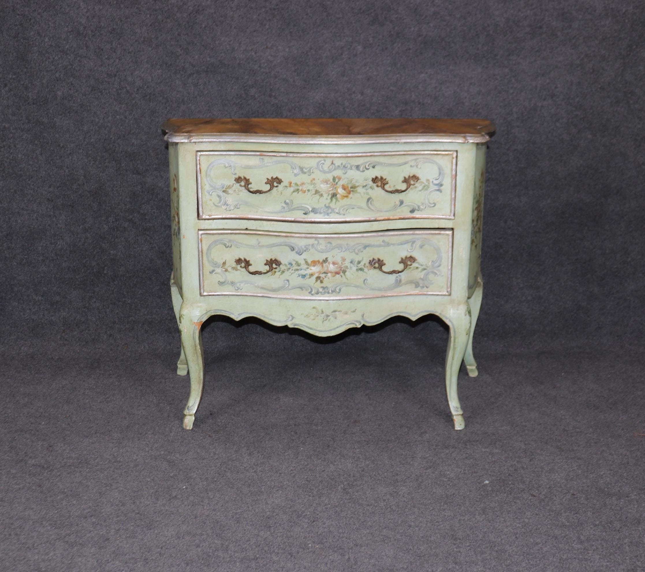 Antique Italian Venetian Commode: Paint Decorated Faux Marble Top Chest