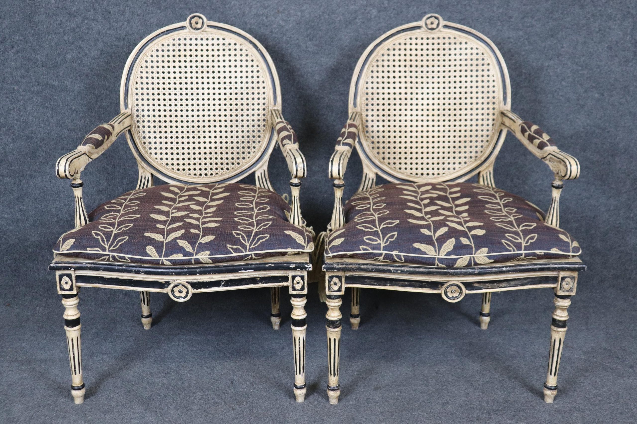 Louis XVI Style Cane Back Armchairs: Distressed Paint Accent Chairs - Image 2