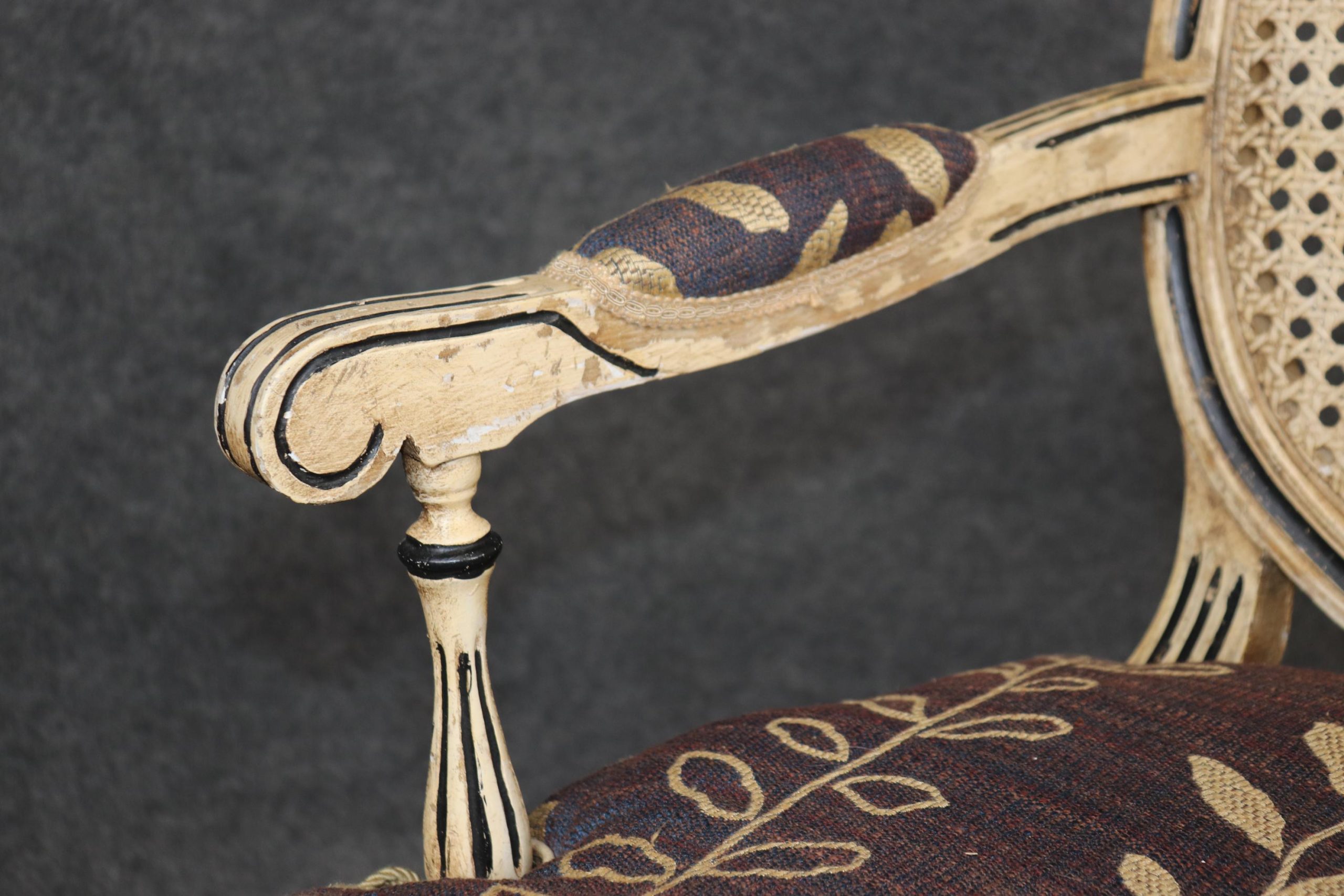 Louis XVI Style Cane Back Armchairs: Distressed Paint Accent Chairs - Image 7