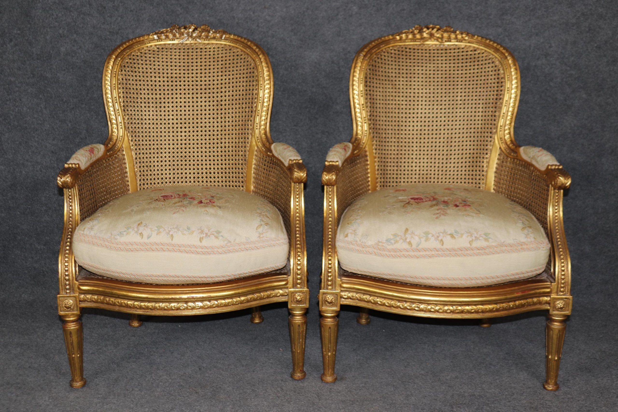 Vintage French Louis XVI Style Gold Gilt Cane Back Armchairs - Pair - Image 2