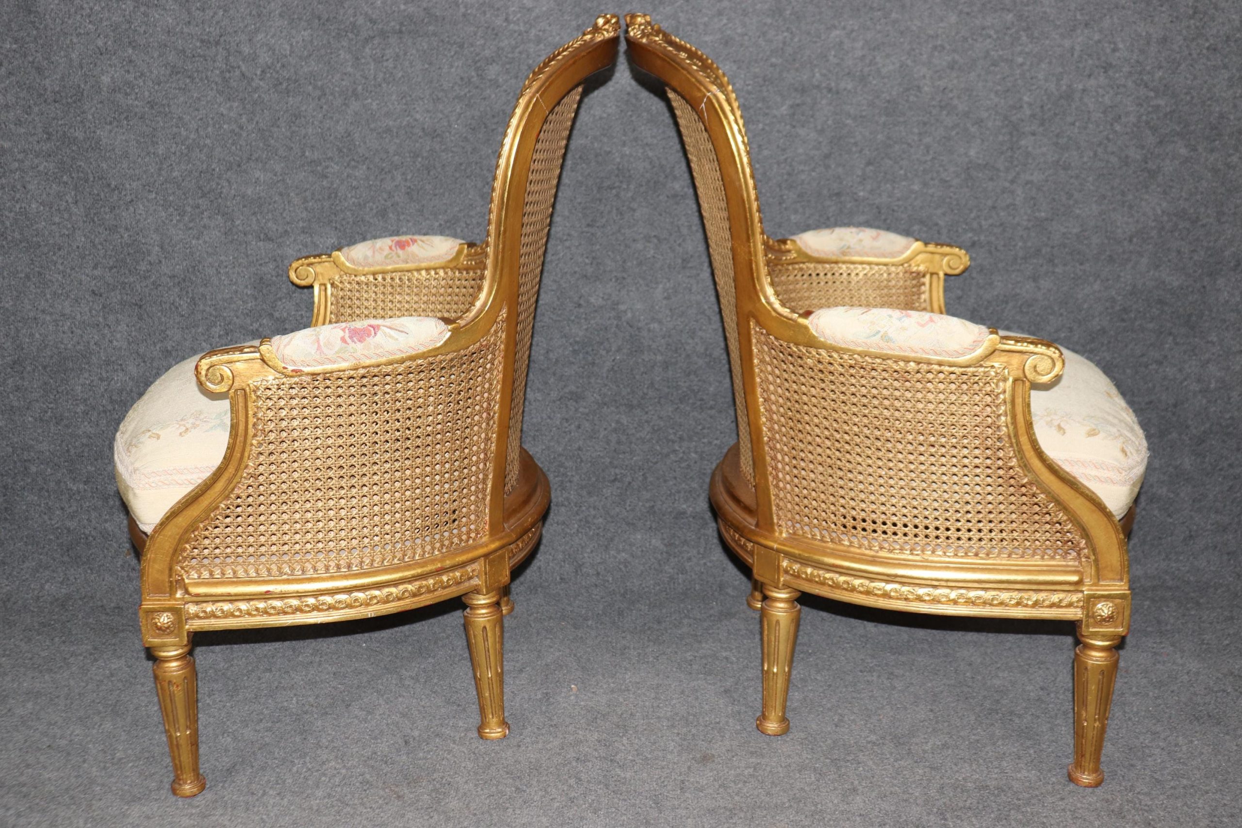Vintage French Louis XVI Style Gold Gilt Cane Back Armchairs - Pair - Image 3