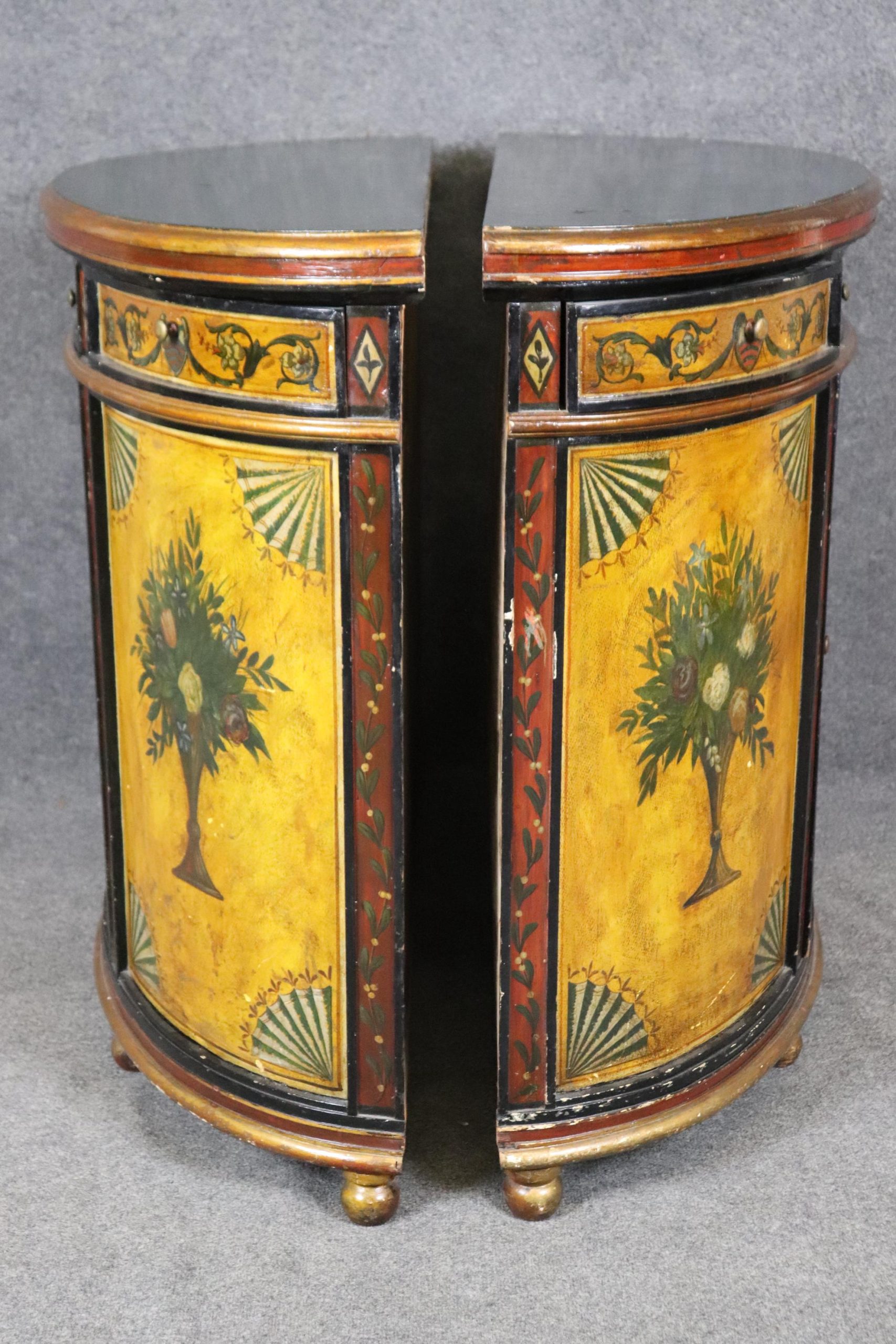 Vintage Paint Decorated Demilune Servers: Mid Century Console Tables, Pair - Image 2