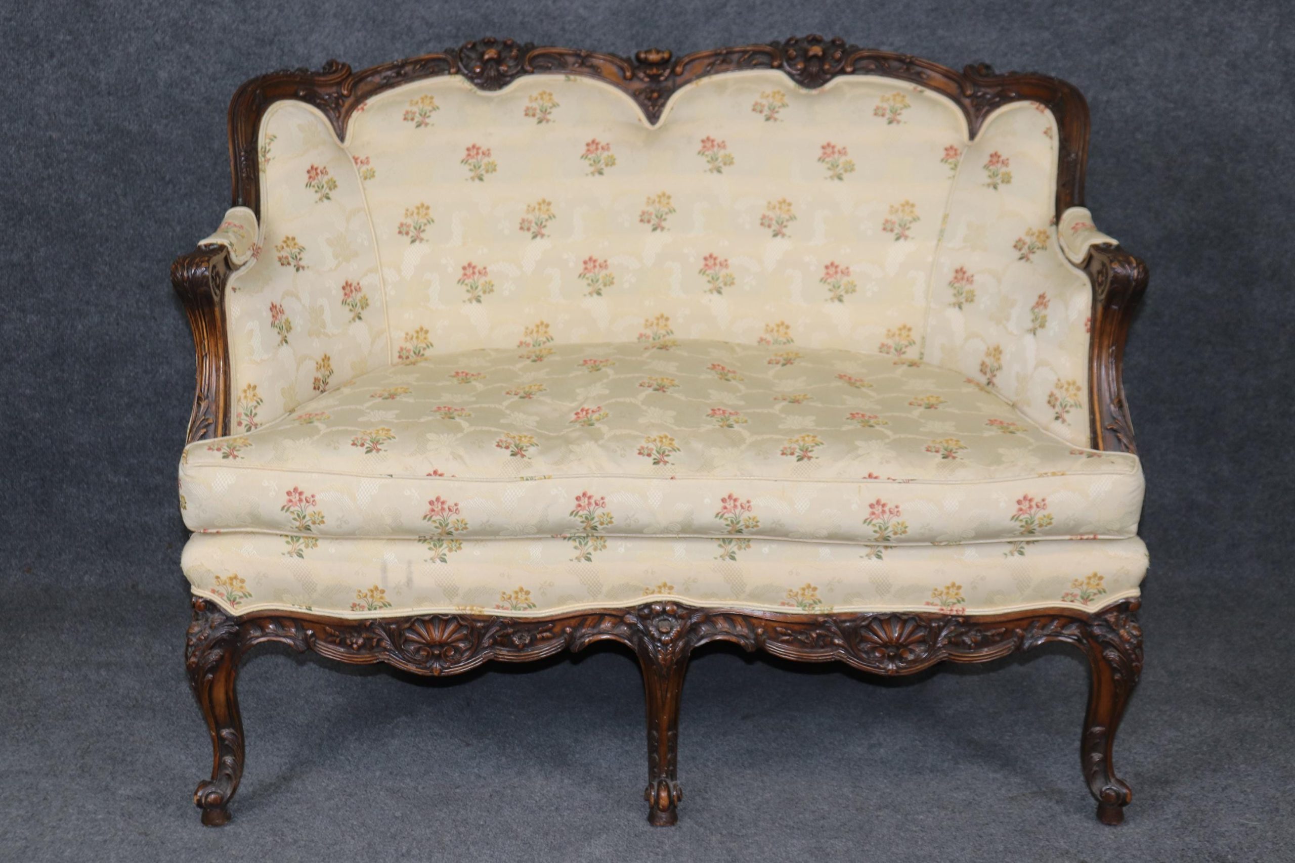 Antique Georgian Style Carved Settee: Floral Upholstery Loveseat - Image 2