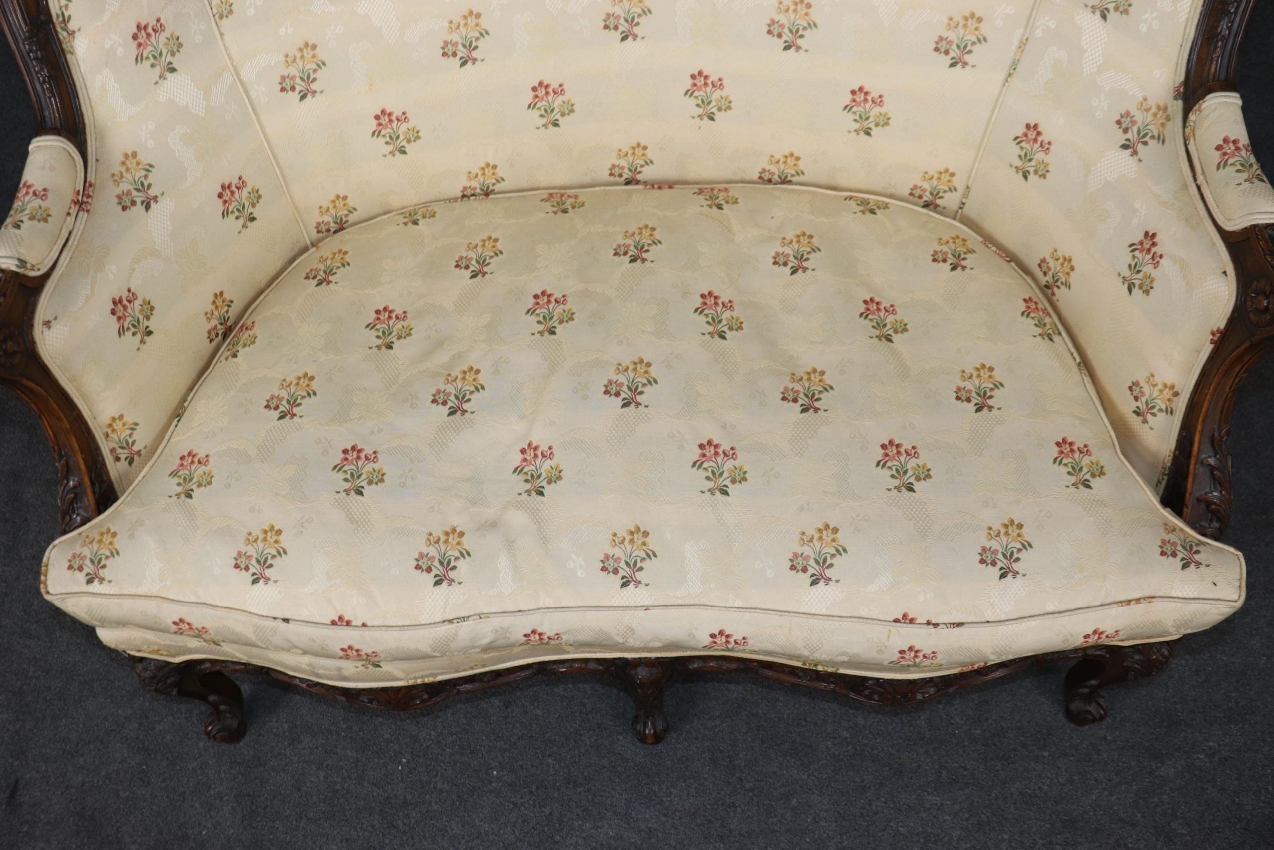 Antique Georgian Style Carved Settee: Floral Upholstery Loveseat - Image 10