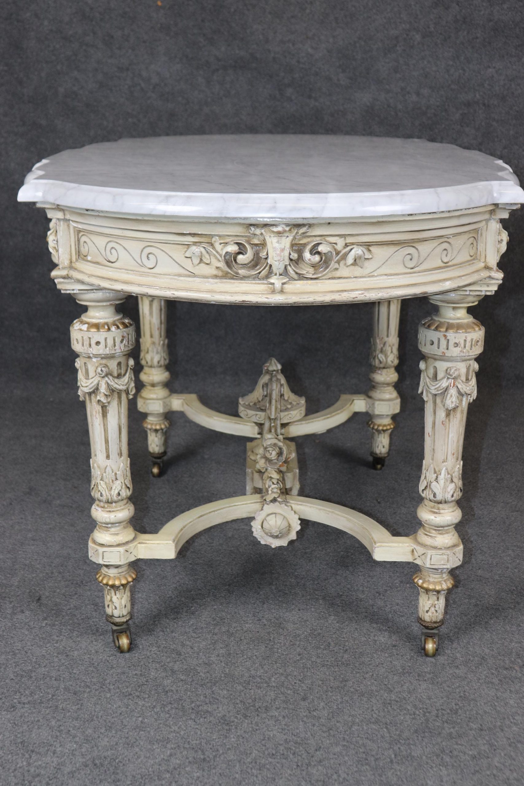 Antique Napoleonic Creme Marble Top Center Table with Porcelain Plaques - Image 2