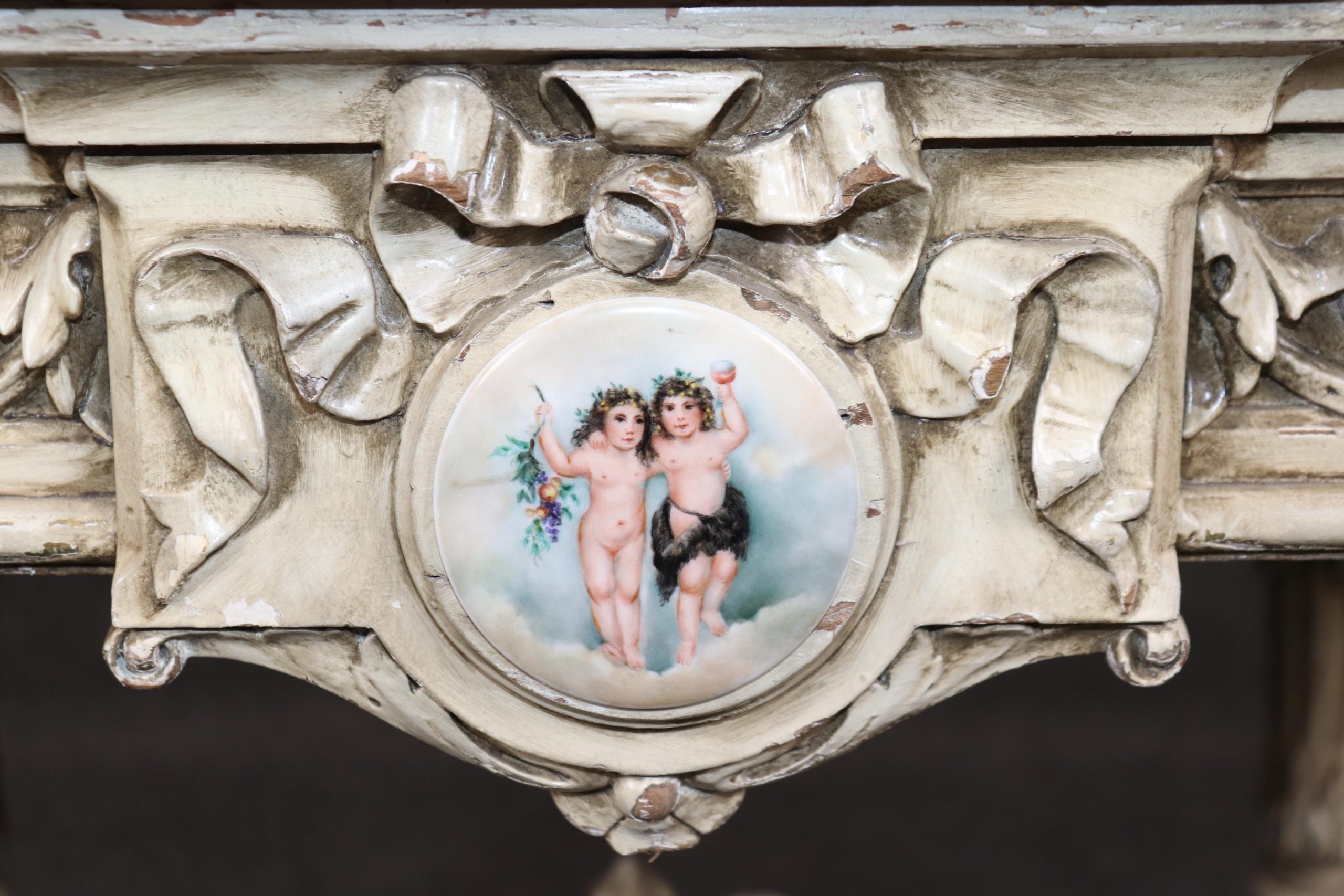 Antique Napoleonic Creme Marble Top Center Table with Porcelain Plaques - Image 7