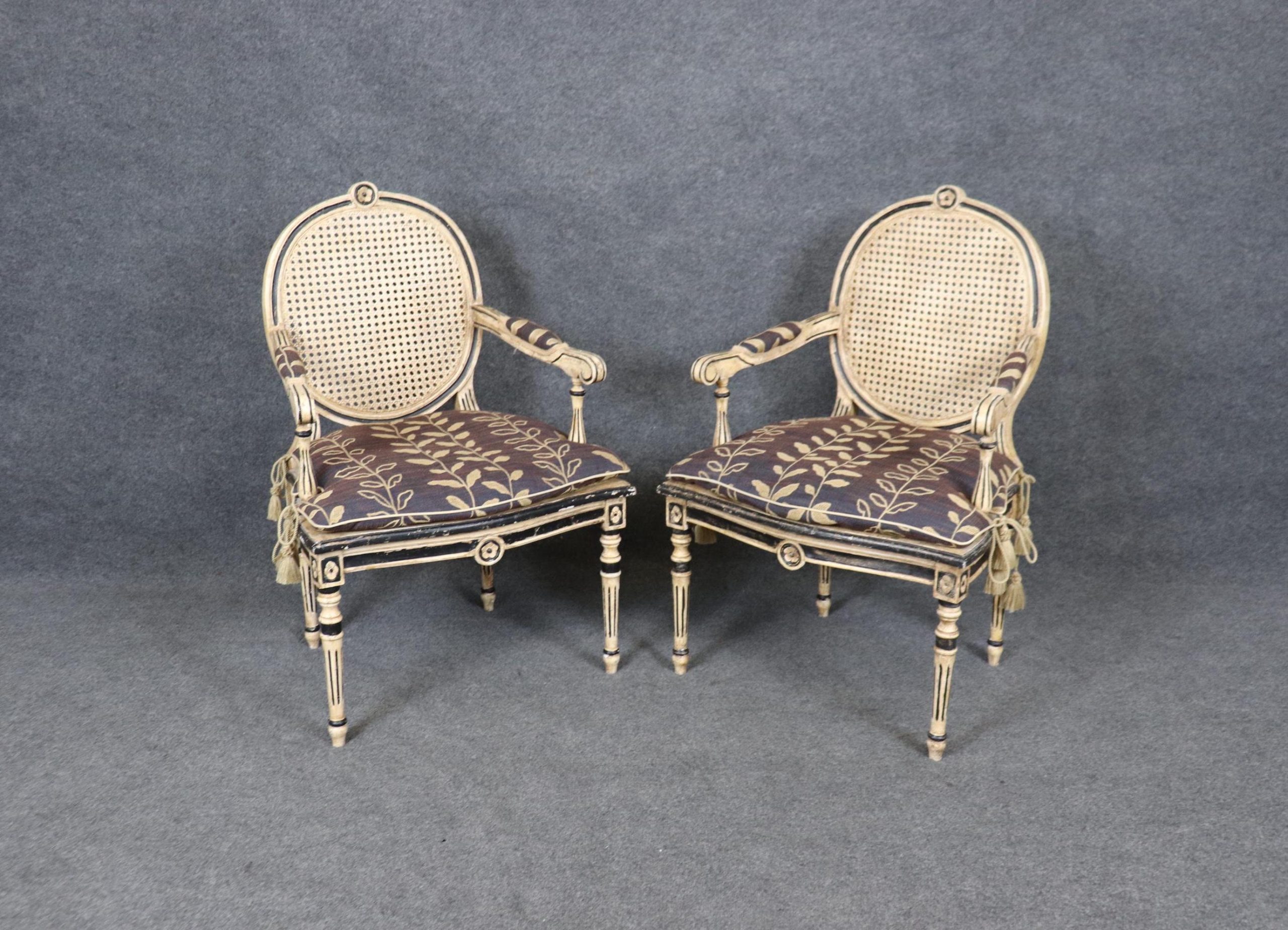 Louis XVI Style Cane Back Armchairs: Distressed Paint Accent Chairs