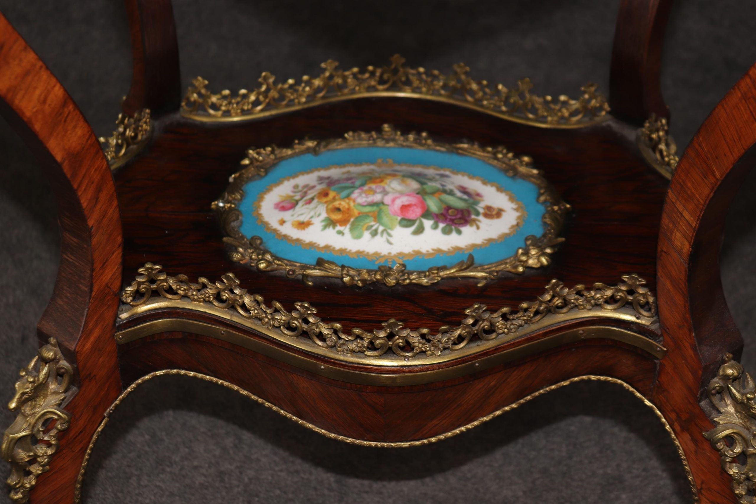 Antique French Louis XV Style Etagere: Sevres Porcelain Plaques, Bronze Mounts - Image 4