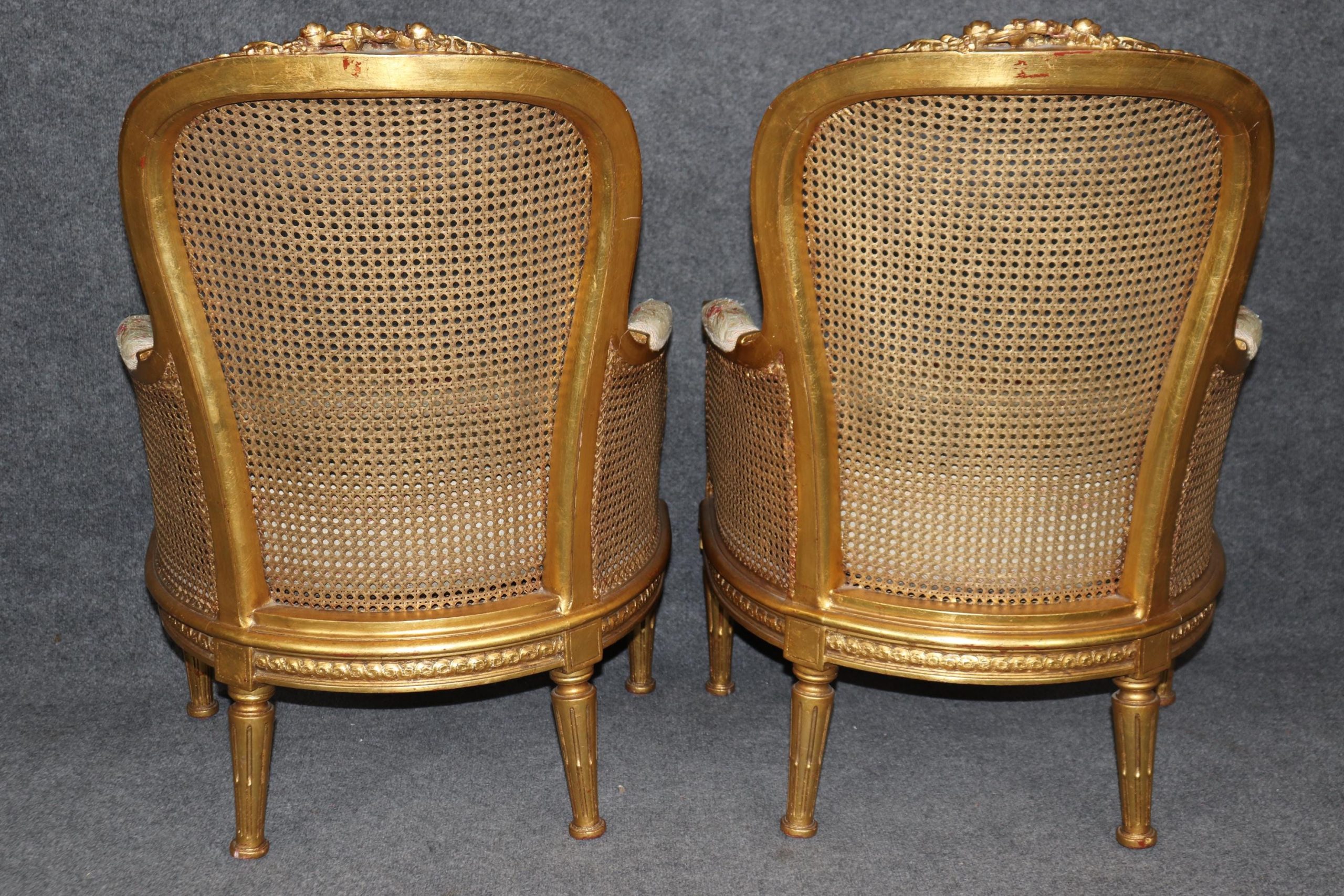 Vintage French Louis XVI Style Gold Gilt Cane Back Armchairs - Pair - Image 4