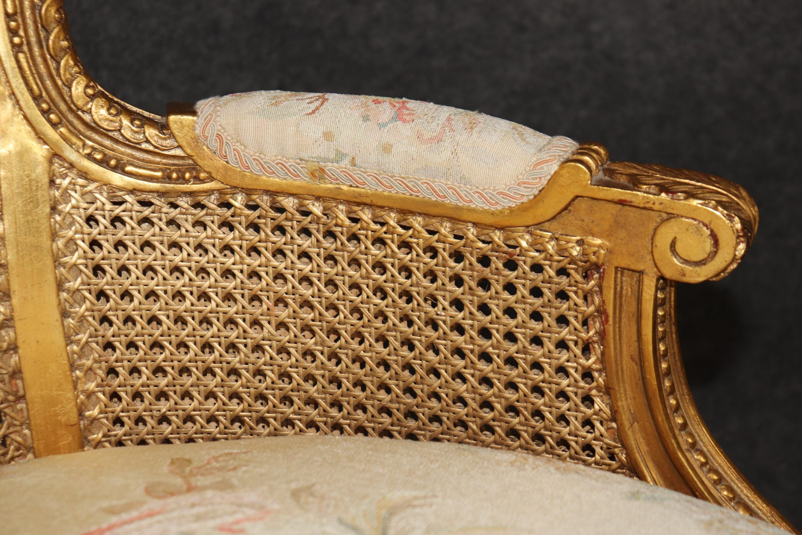 Vintage French Louis XVI Style Gold Gilt Cane Back Armchairs - Pair - Image 7