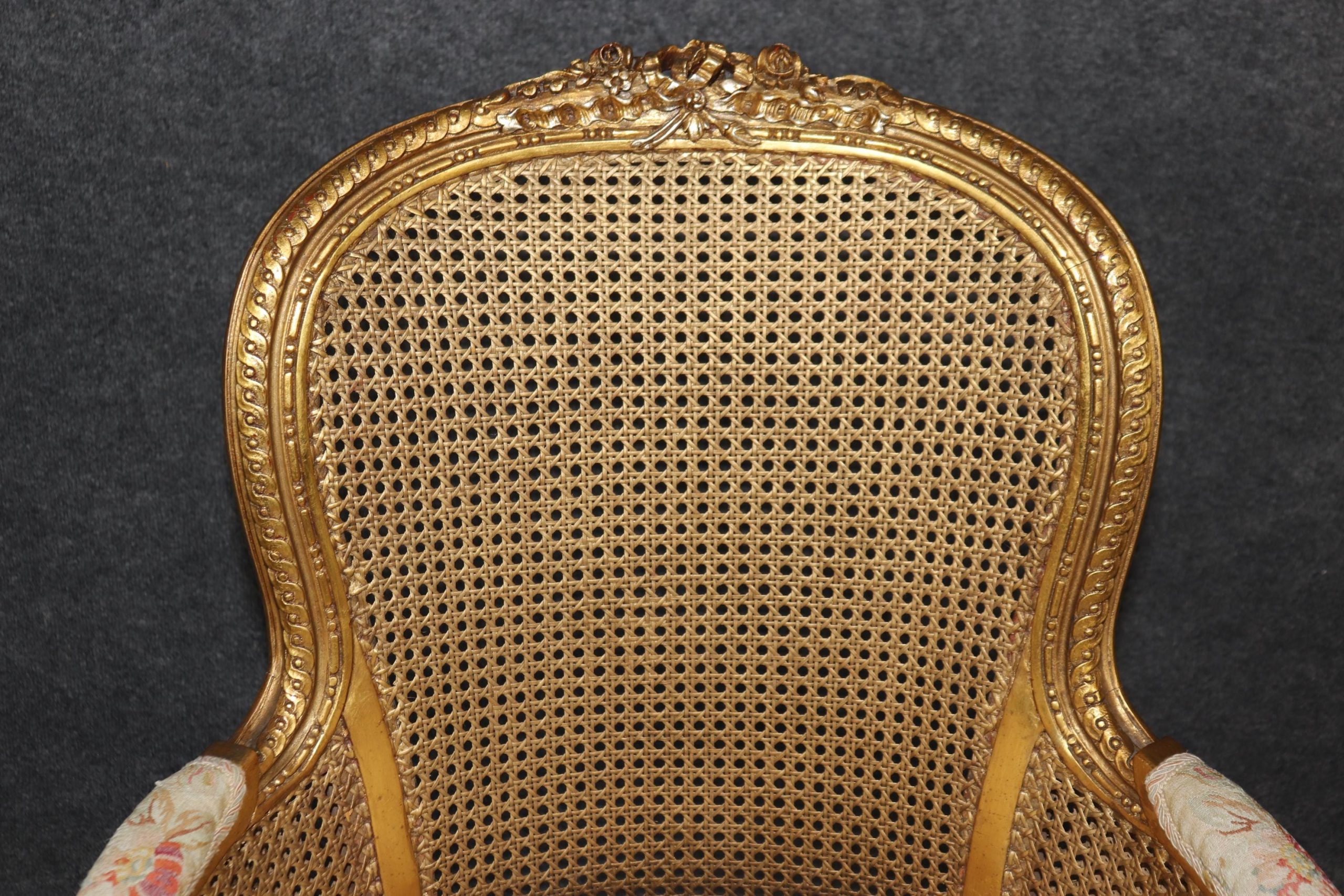 Vintage French Louis XVI Style Gold Gilt Cane Back Armchairs - Pair - Image 9