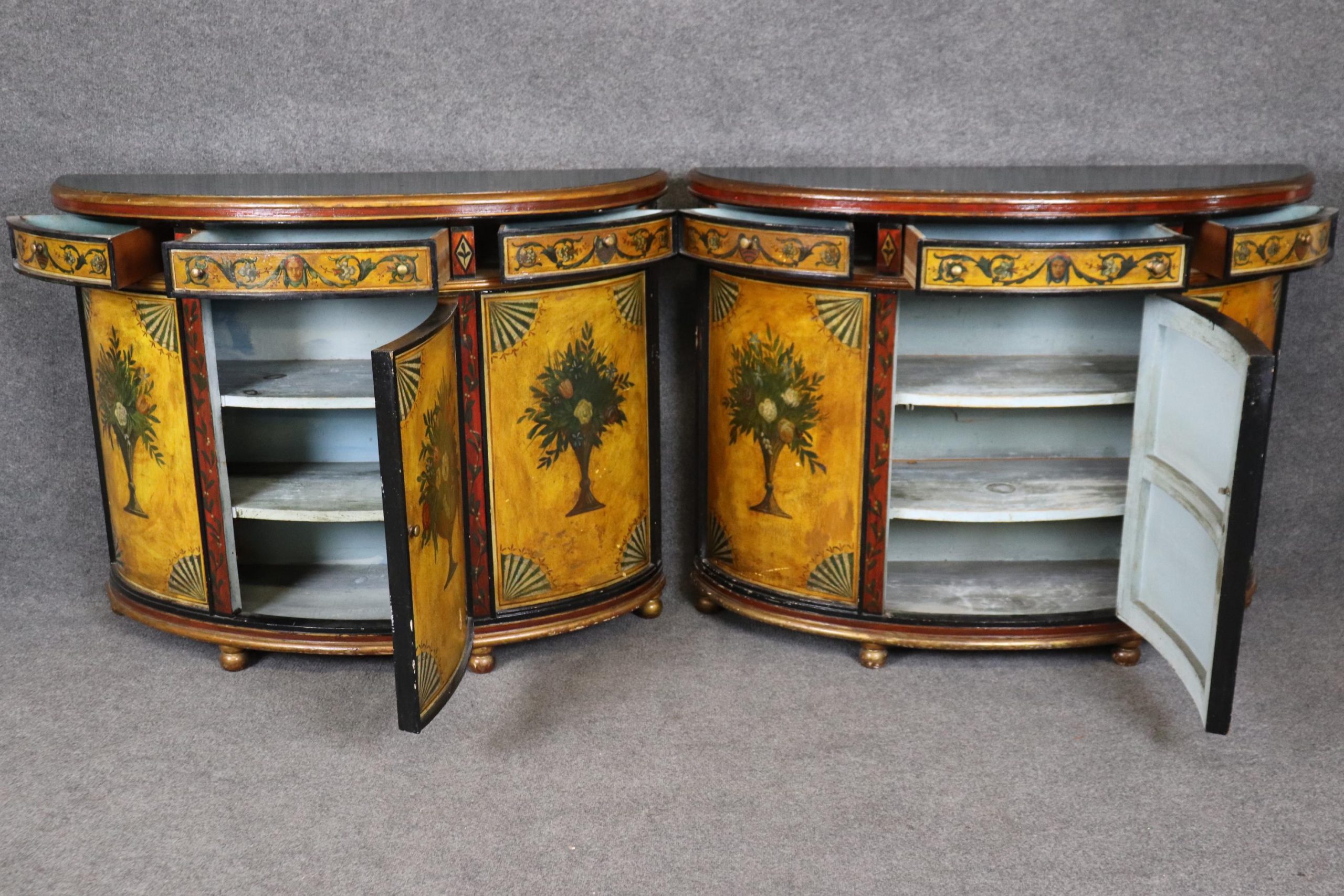 Vintage Paint Decorated Demilune Servers: Mid Century Console Tables, Pair - Image 3