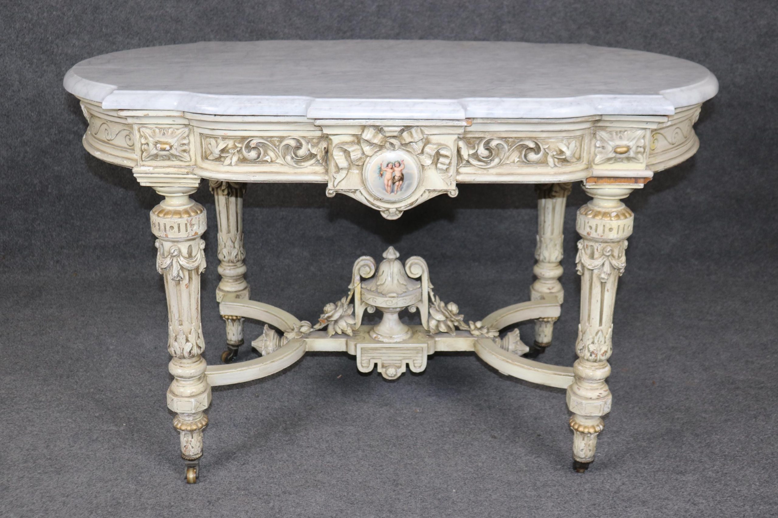 Antique Napoleonic Creme Marble Top Center Table with Porcelain Plaques - Image 3