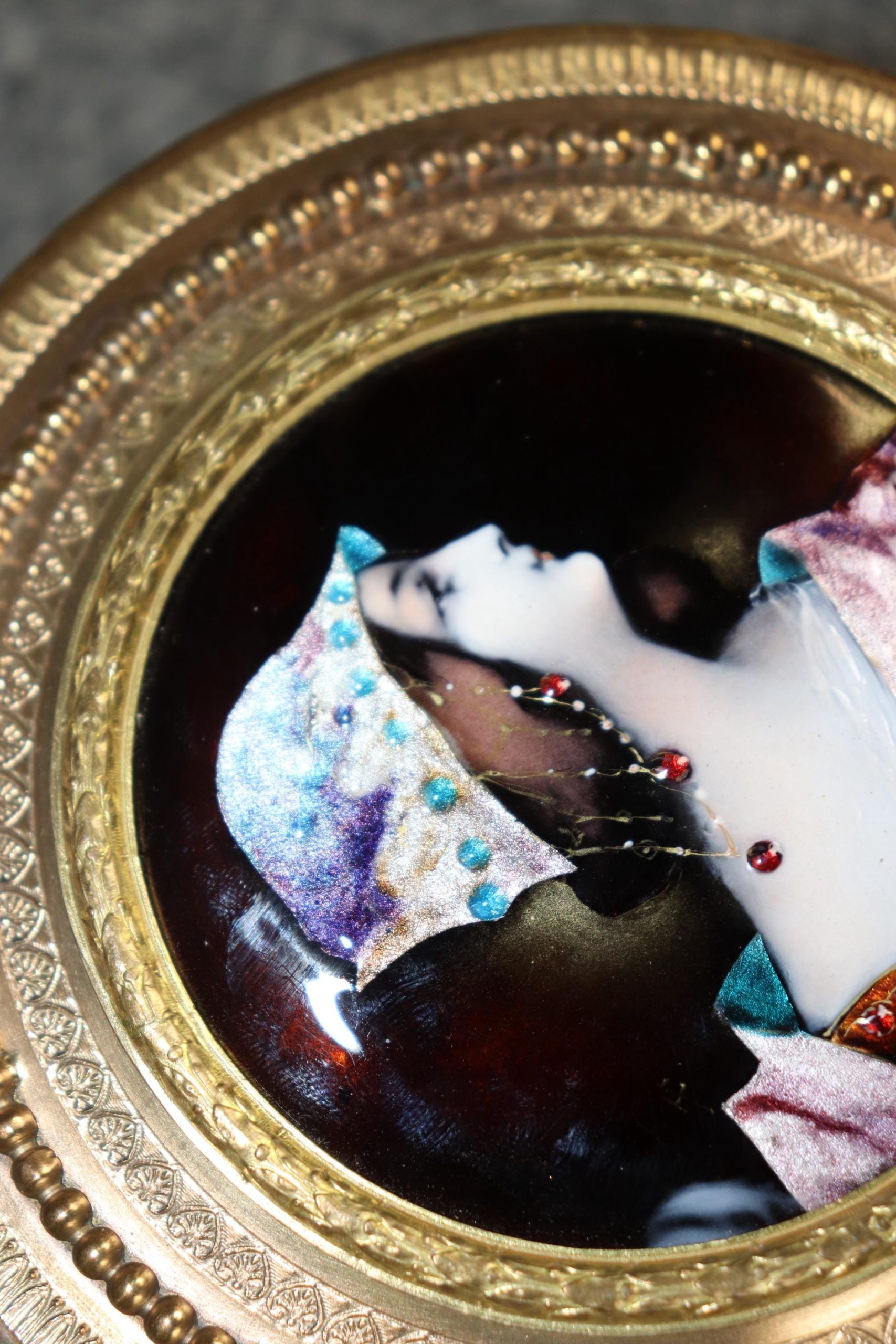 Antique French Crystal Jewelry Casket: Bronze Ormolu Enameled Box - Image 5