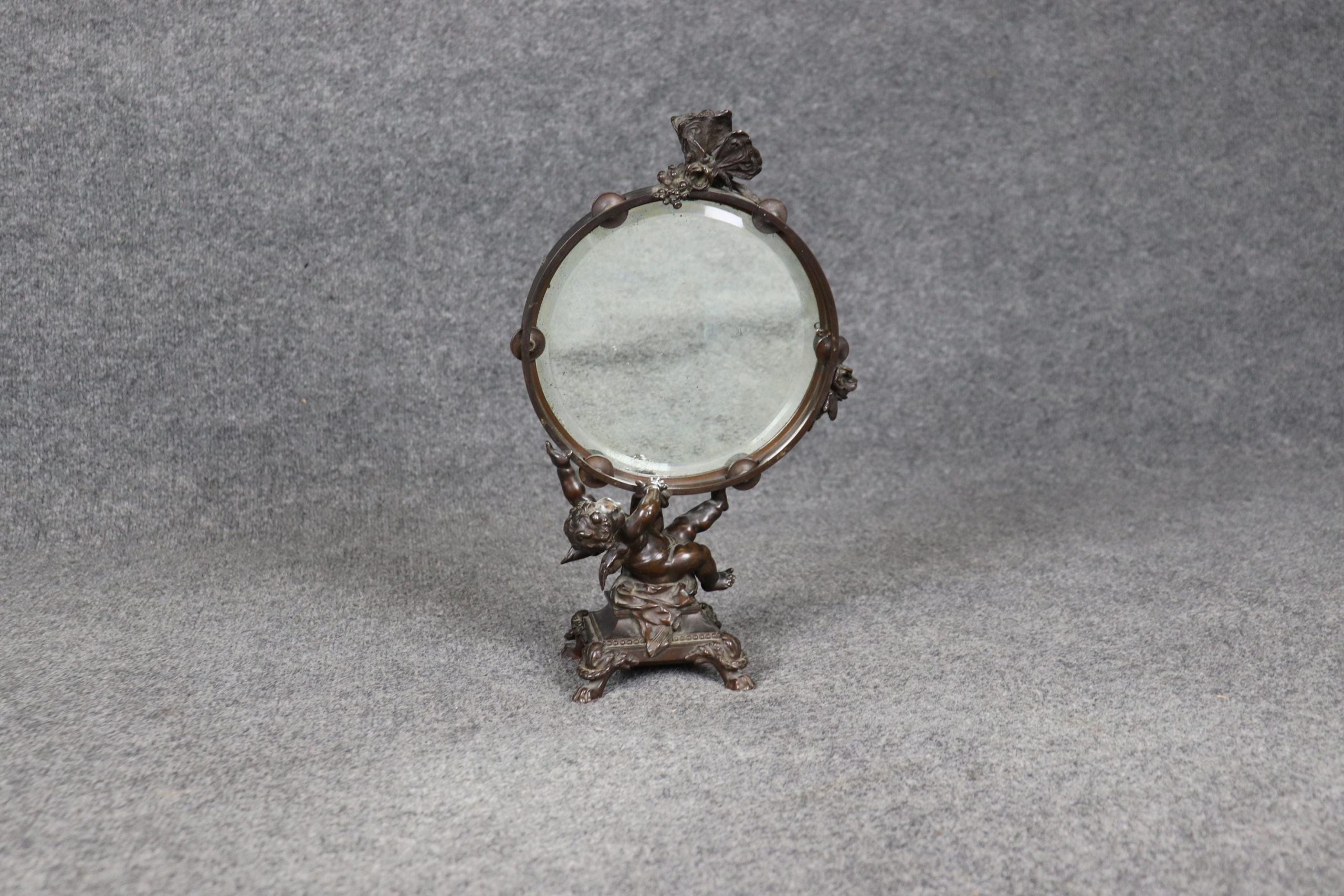 Antique Louis XV Style Bronze Desk Mirror with Cherub Figurine