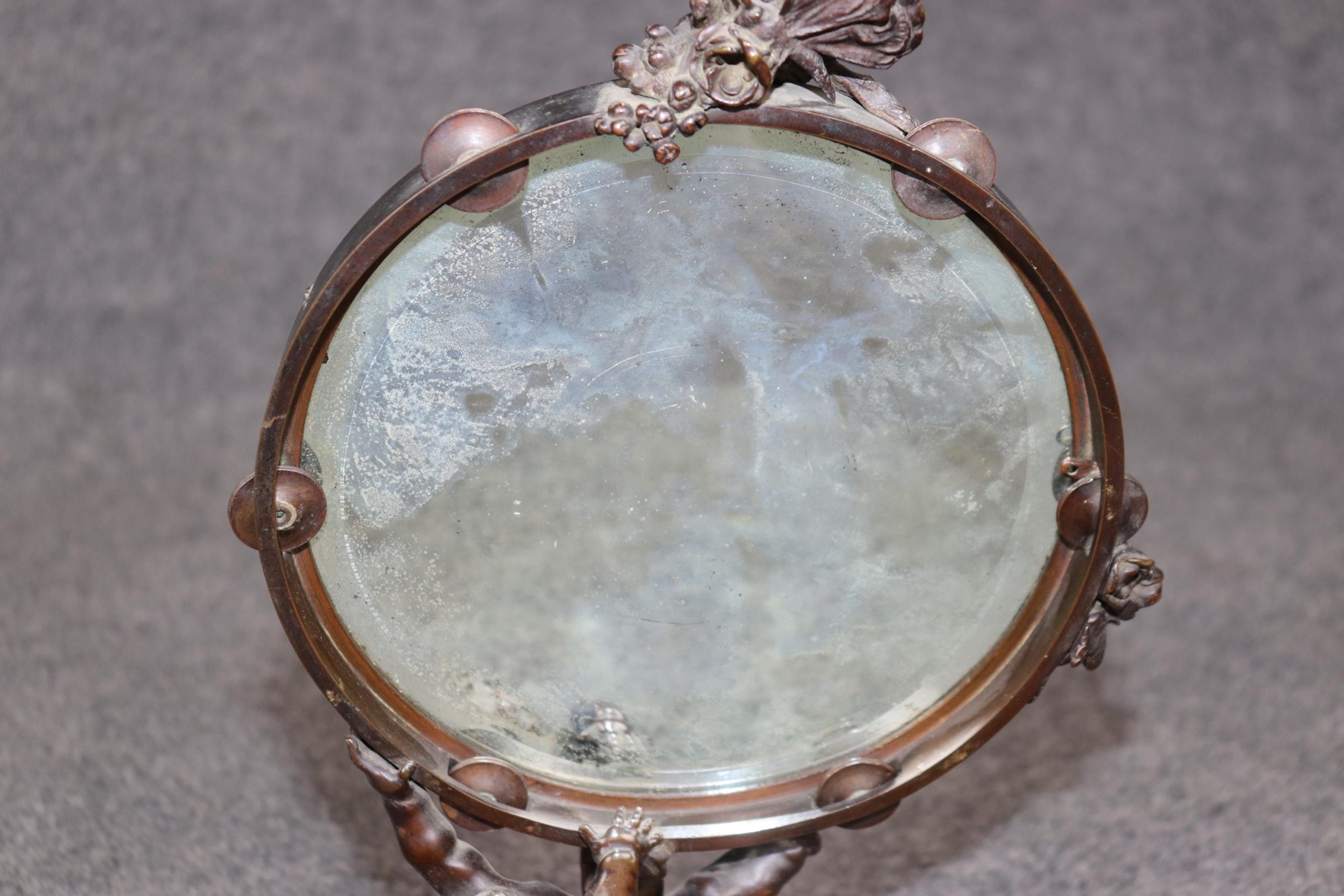 Antique Louis XV Style Bronze Desk Mirror with Cherub Figurine - Image 6