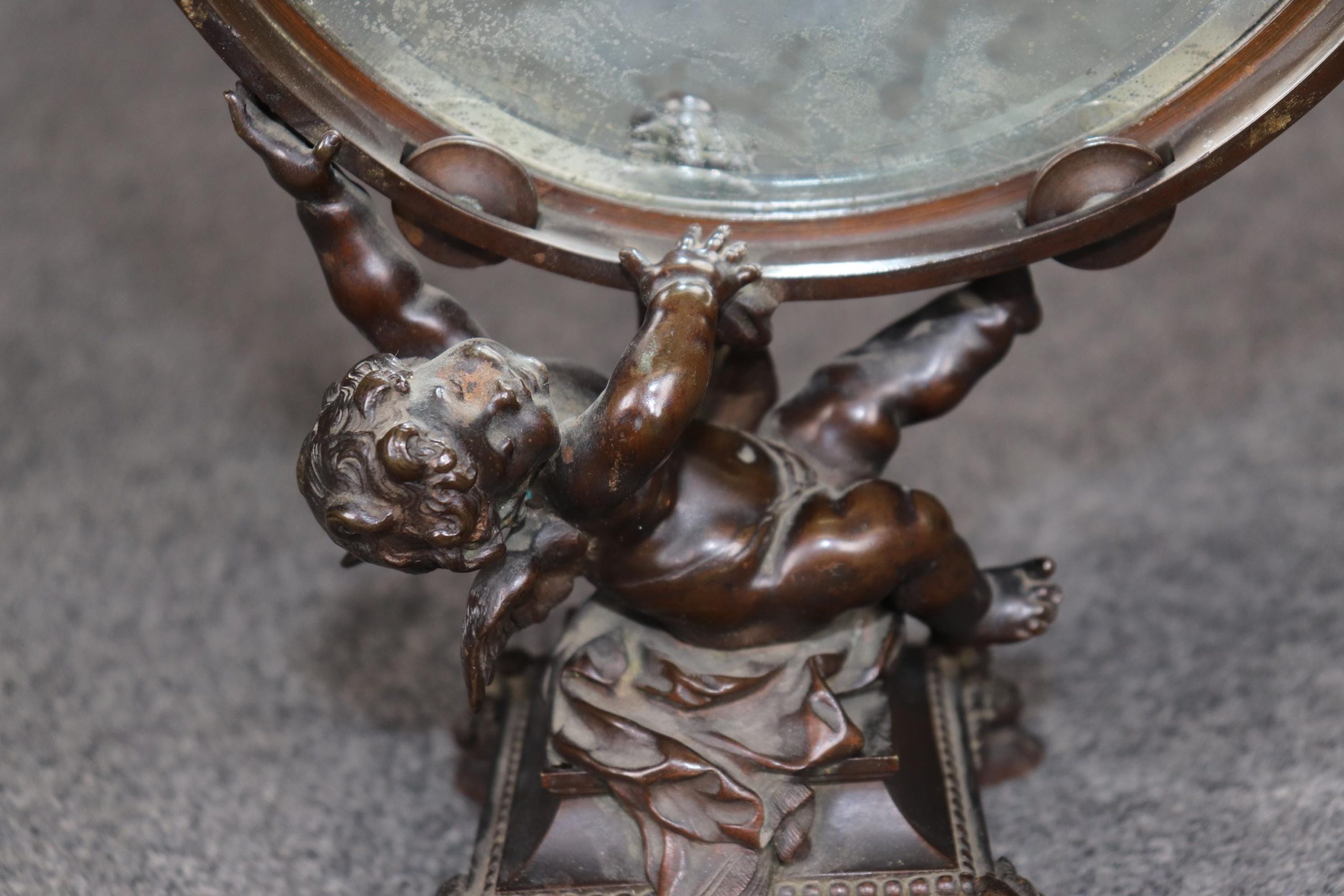 Antique Louis XV Style Bronze Desk Mirror with Cherub Figurine - Image 8
