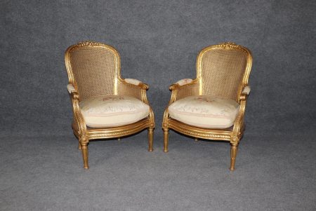 Vintage French Louis XVI Style Gold Gilt Cane Back Armchairs - Pair