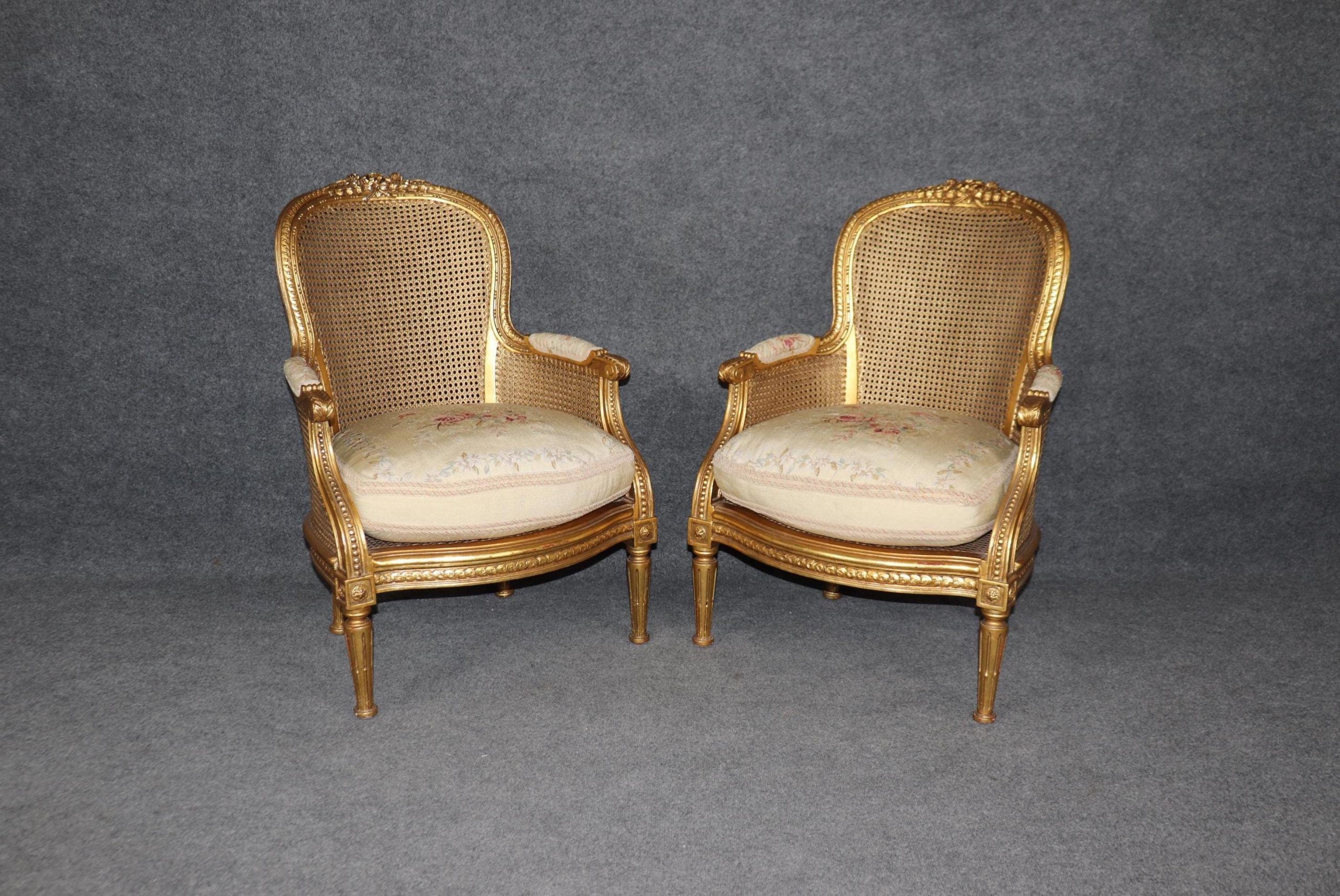 Vintage French Louis XVI Style Gold Gilt Cane Back Armchairs - Pair