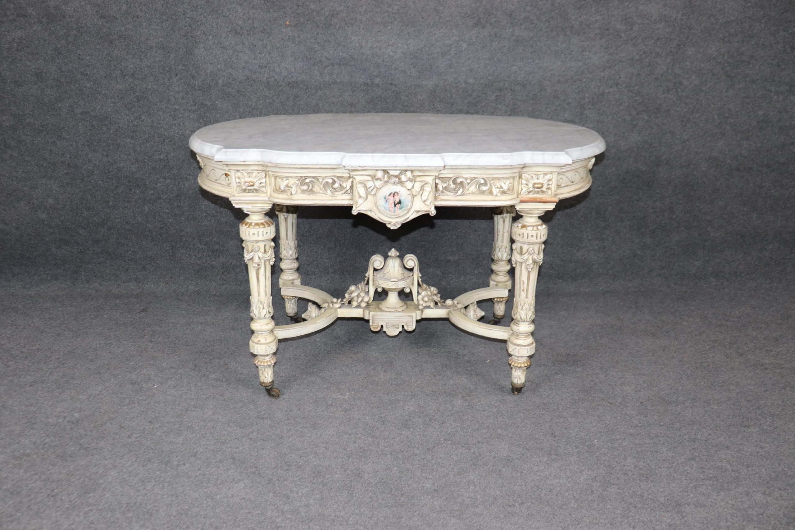 Antique Napoleonic Creme Marble Top Center Table with Porcelain Plaques