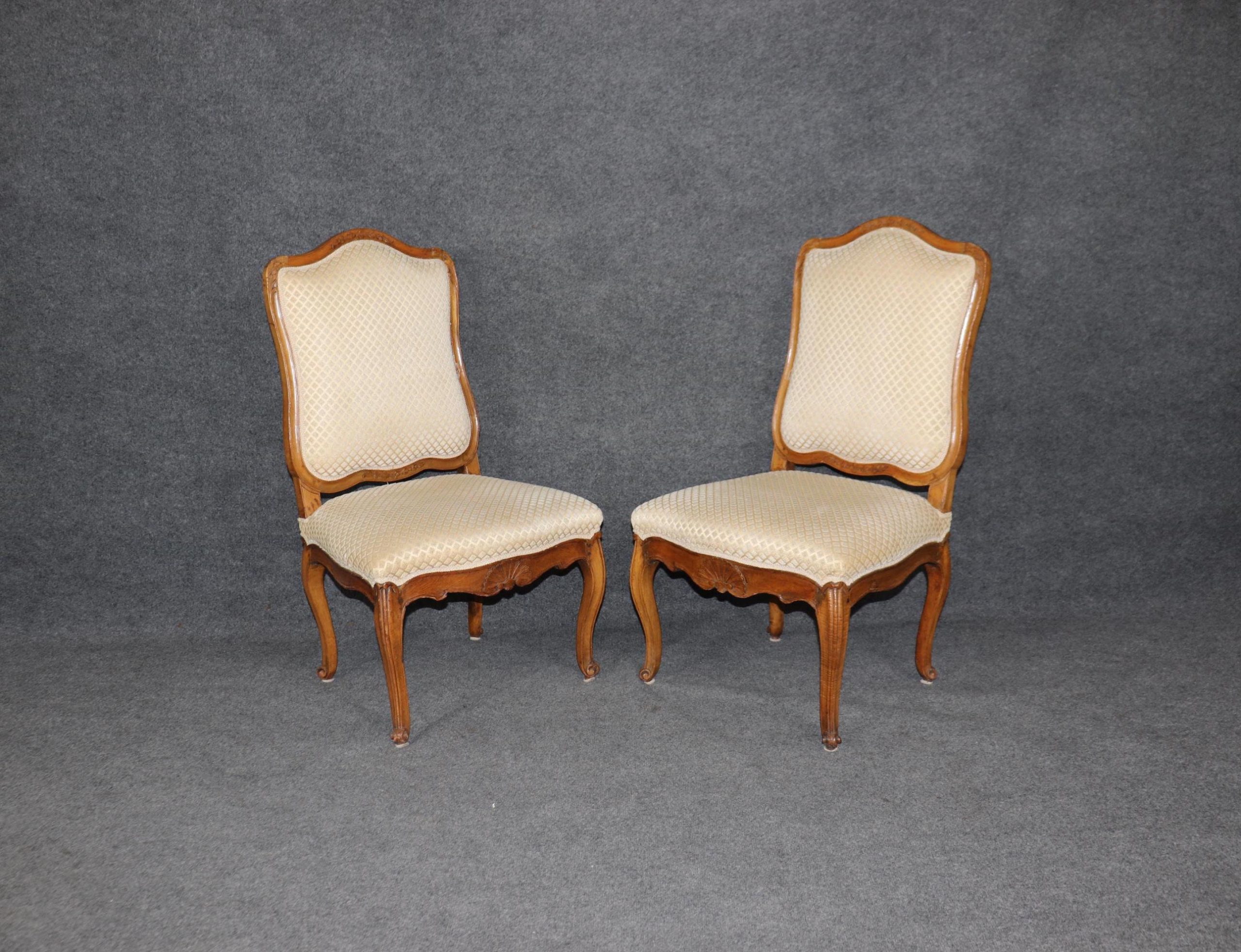 Vintage French Louis XV Style Oak Chairs: Upholstered Accent Pair