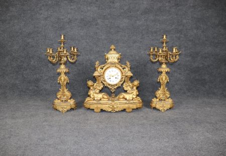 Antique 19th Century French Empire Style Bronze Ormolu Clock Set by Maison Marquis, Mantle Clock