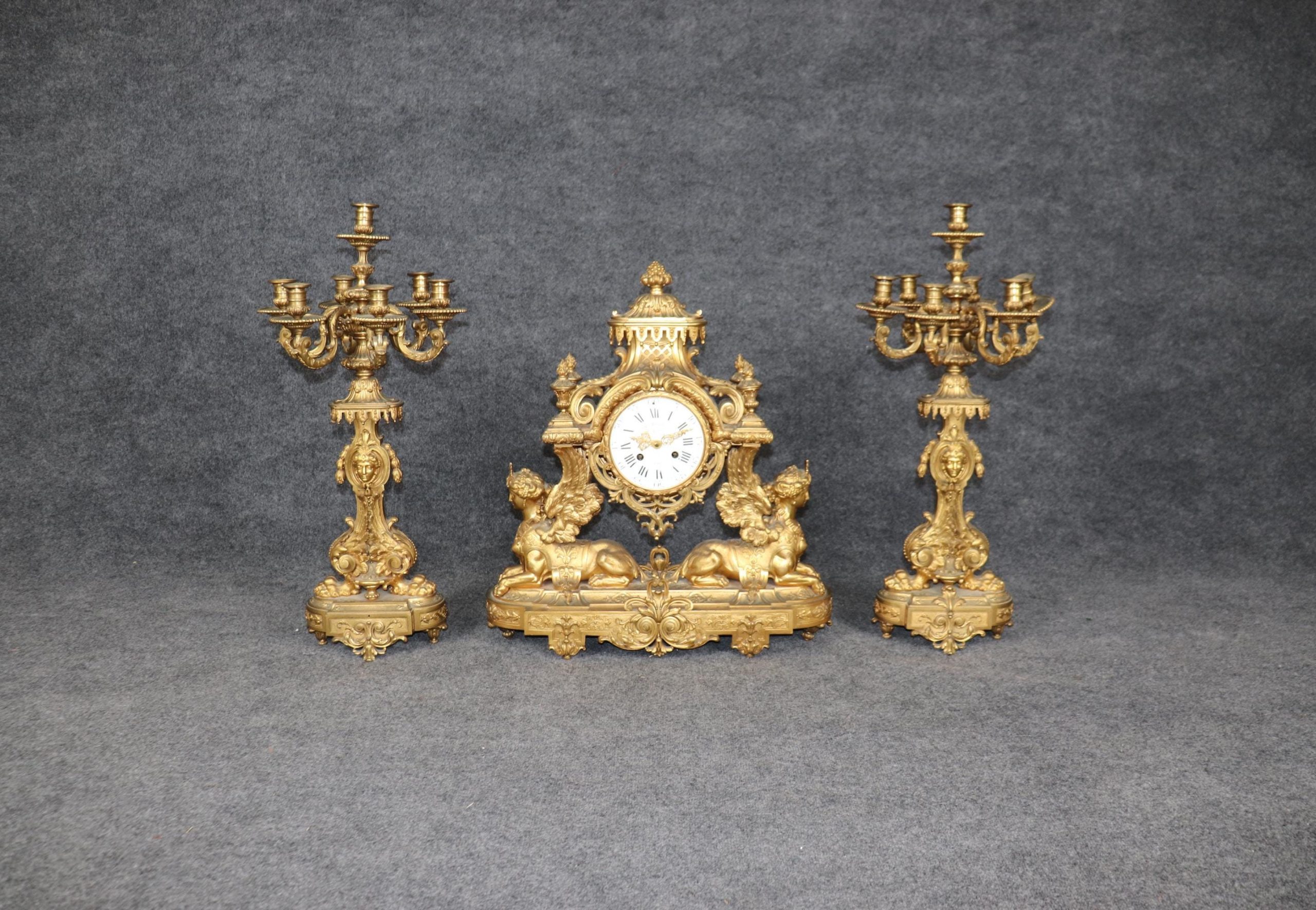 Antique 19th Century French Empire Style Bronze Ormolu Clock Set by Maison Marquis, Mantle Clock