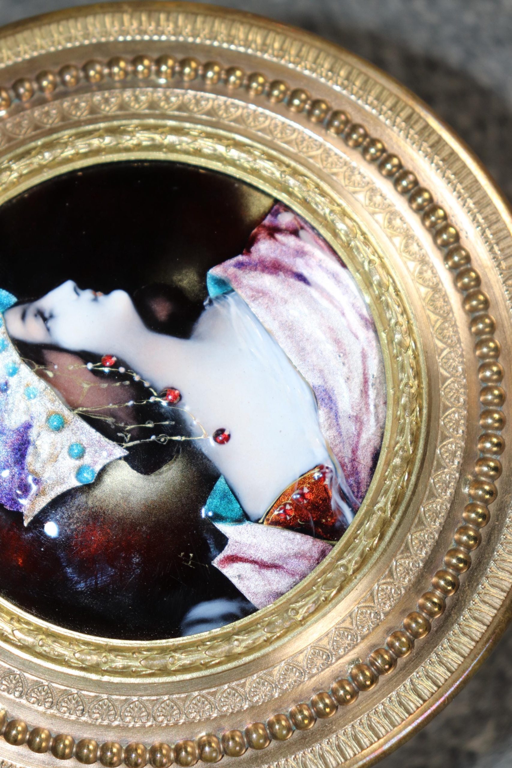 Antique French Crystal Jewelry Casket: Bronze Ormolu Enameled Box - Image 6