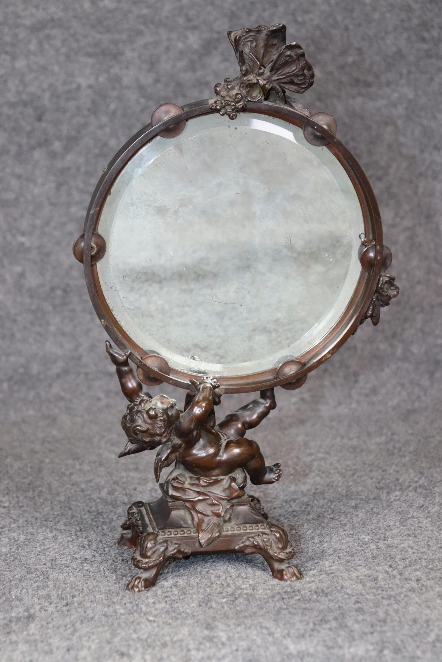Antique Louis XV Style Bronze Desk Mirror with Cherub Figurine - Image 2