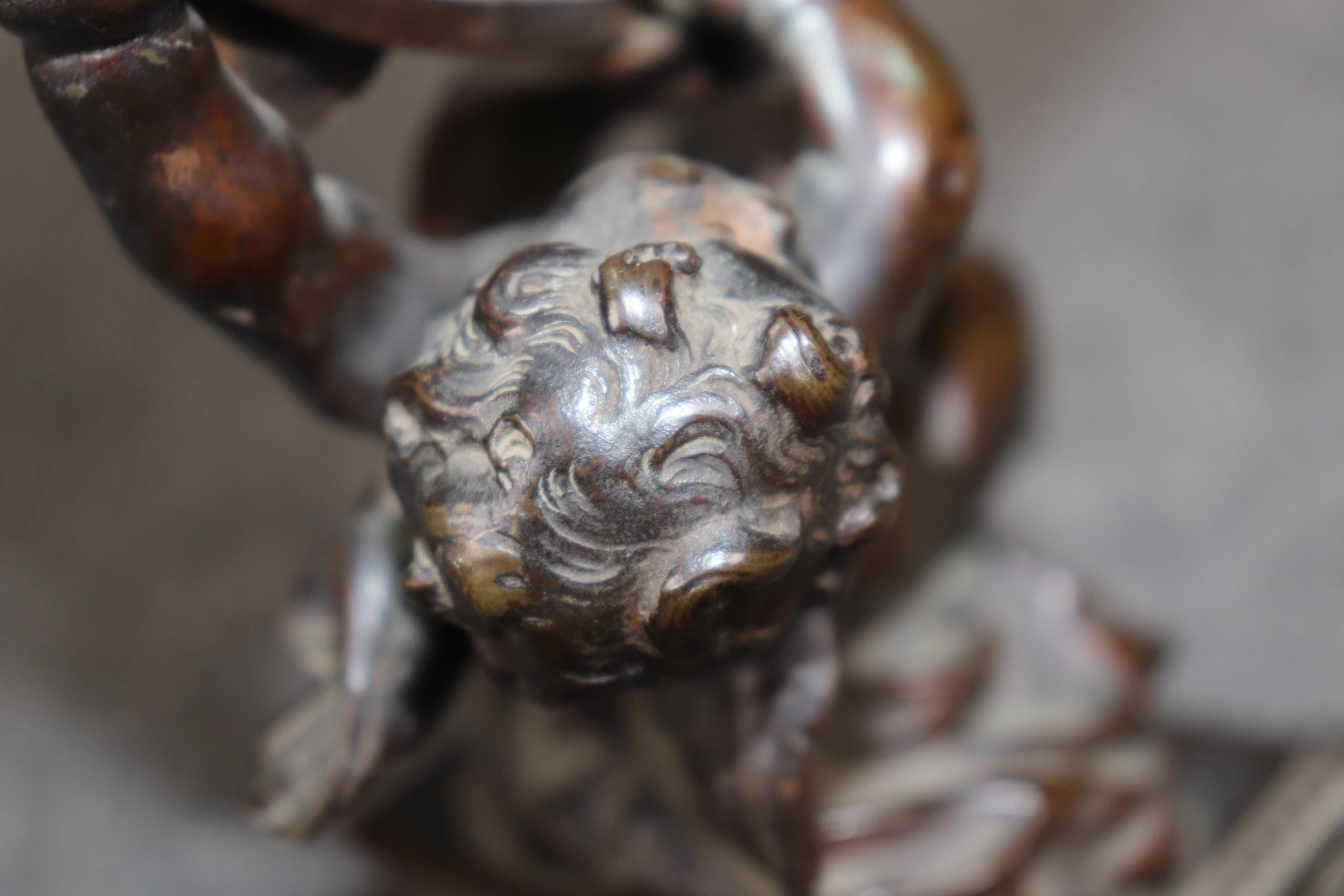 Antique Louis XV Style Bronze Desk Mirror with Cherub Figurine - Image 9