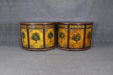 Vintage Paint Decorated Demilune Servers: Mid Century Console Tables, Pair