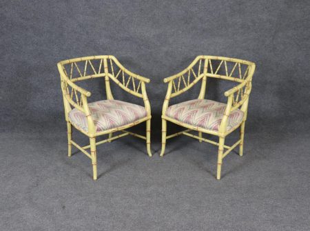 Hollywood Regency Faux Bamboo Armchairs: Creme Accent Chairs, Pair