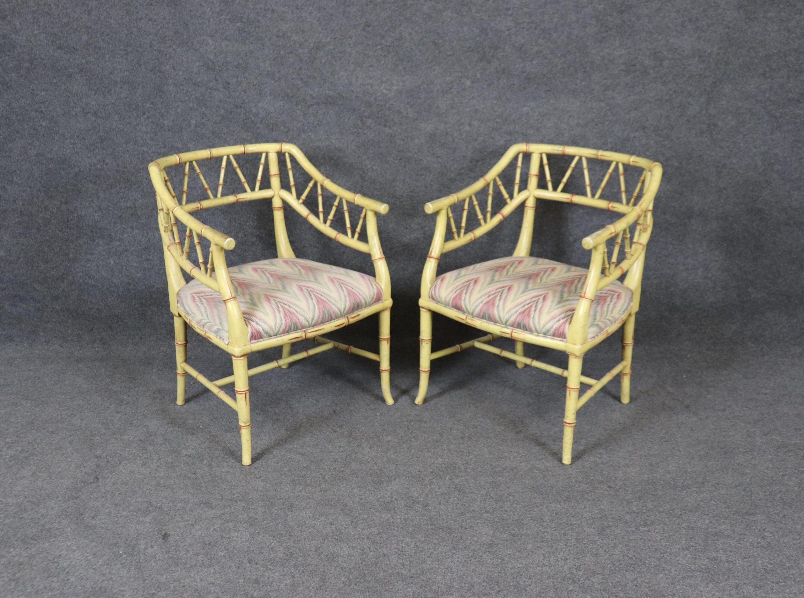 Hollywood Regency Faux Bamboo Armchairs: Creme Accent Chairs, Pair