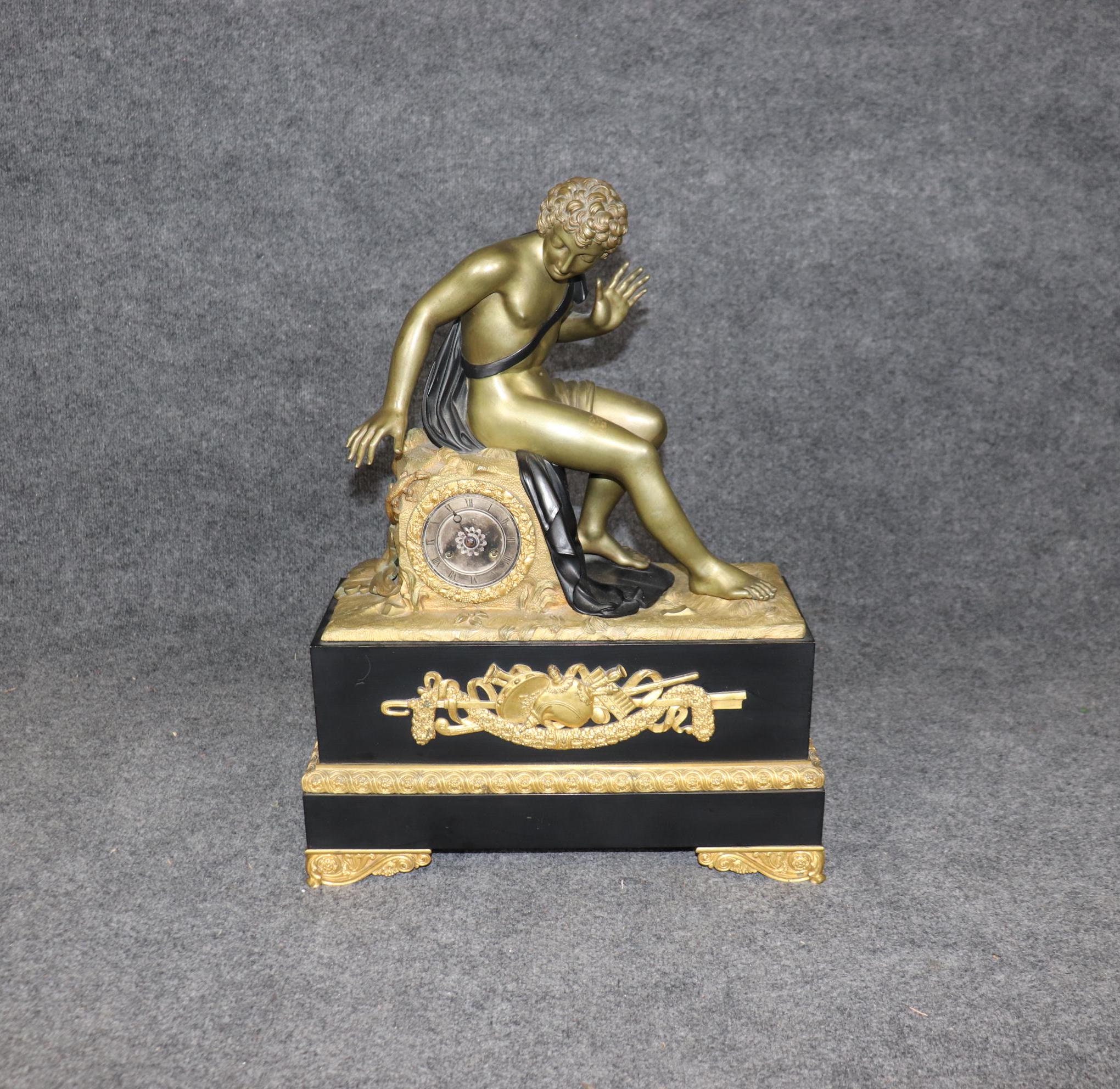 Antique French Empire Figural Mantle Clock: Ormolu Bronze, 19th Century