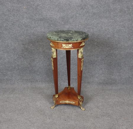 Vintage French Empire Style Verdi Marble Top Bronze Pedestal Accent Table