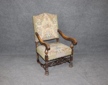 Antique Georgian Carved Throne Chair: 19th Century Needlepoint Armchair