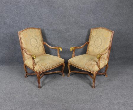 Vintage Regency Rams Head Armchairs: Distressed Accent Chair Pair