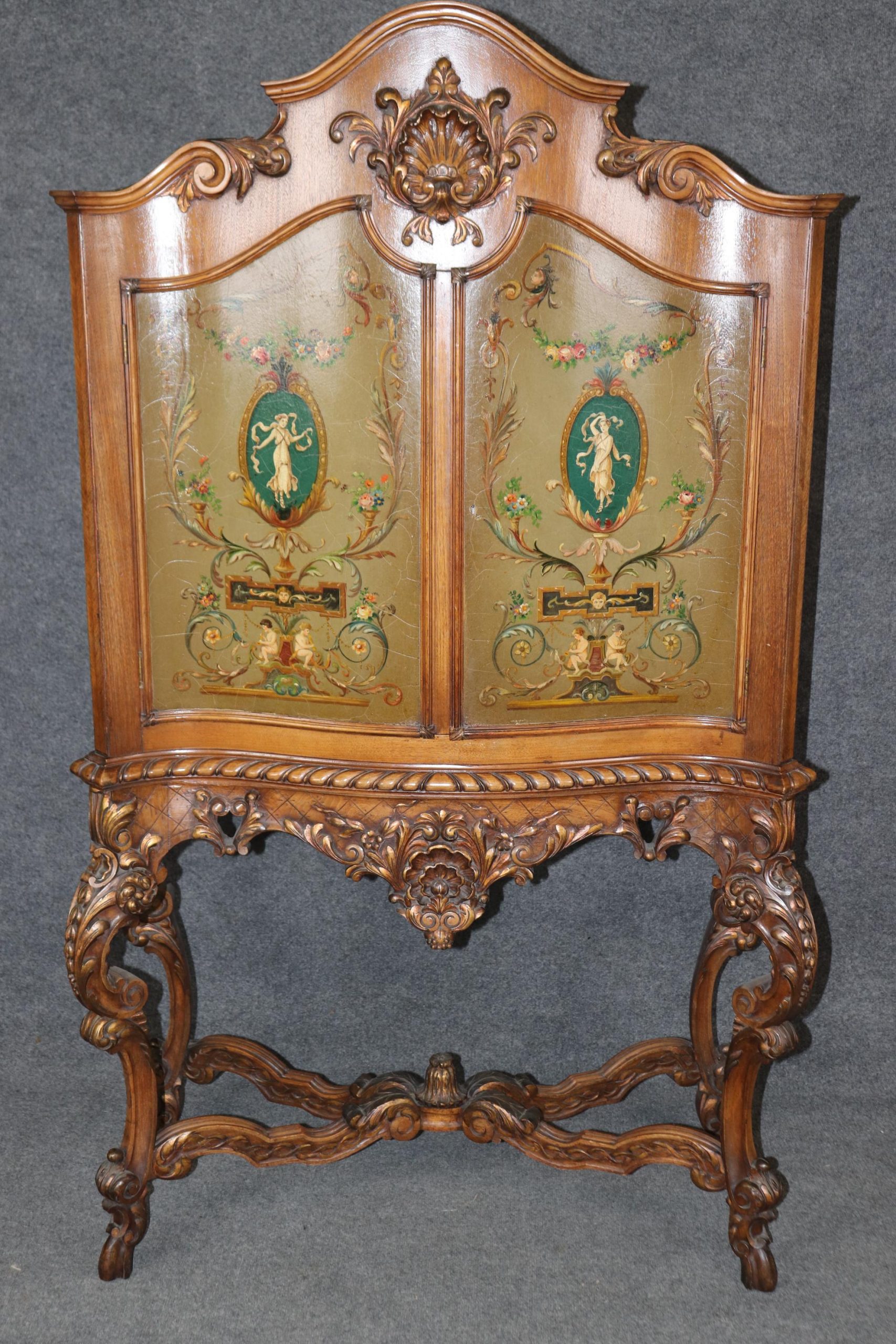 Antique French Carved Oak Bar Cabinet with Adams Paint - Image 2