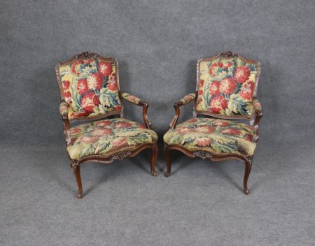 Antique French Louis XV Armchairs: Aubusson Floral Upholstery, Pair