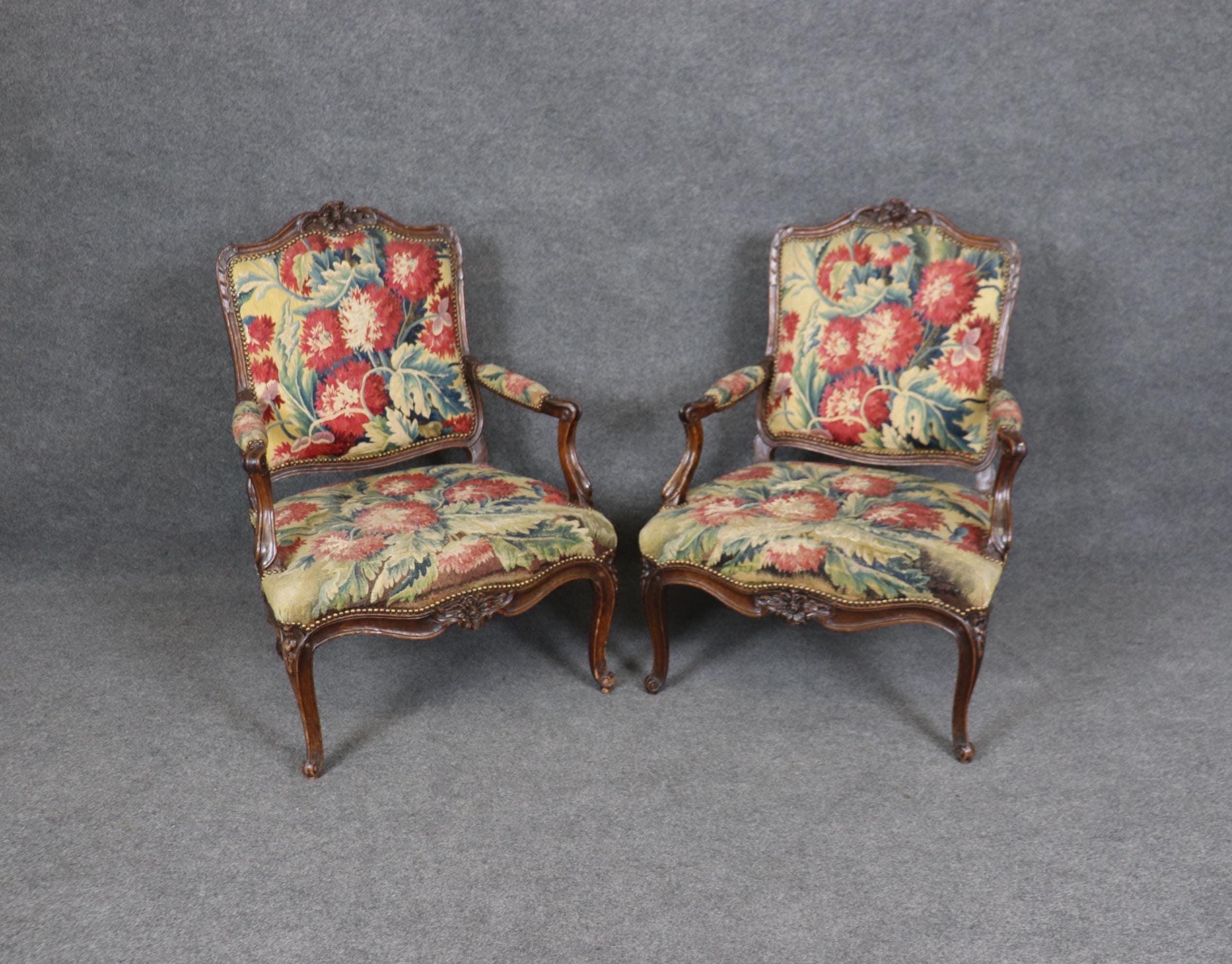 Antique French Louis XV Armchairs: Aubusson Floral Upholstery, Pair