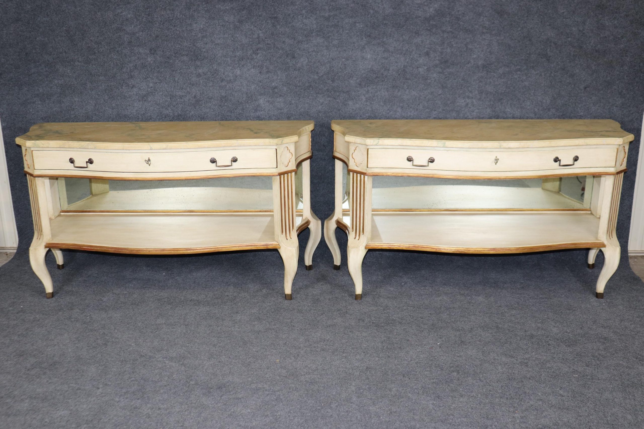 Vintage Faux Marble Top Console Tables: White Painted Sofa Tables, Pair - Image 2