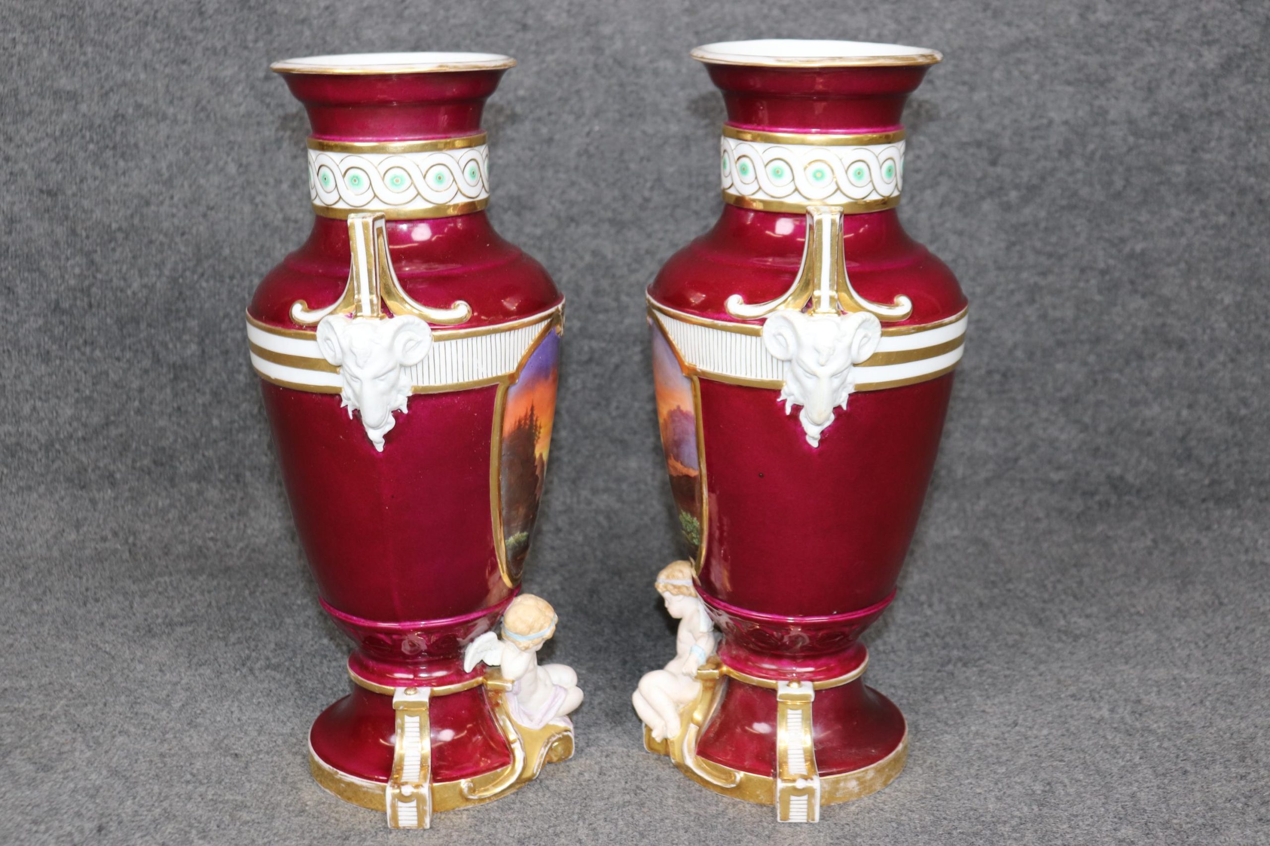 Antique French Old Paris Porcelain Urns: Louis XVI Style Cherub Vases - Image 2