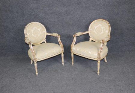 Vintage Louis XVI Style Armchairs: Distressed Paint Accent Chairs