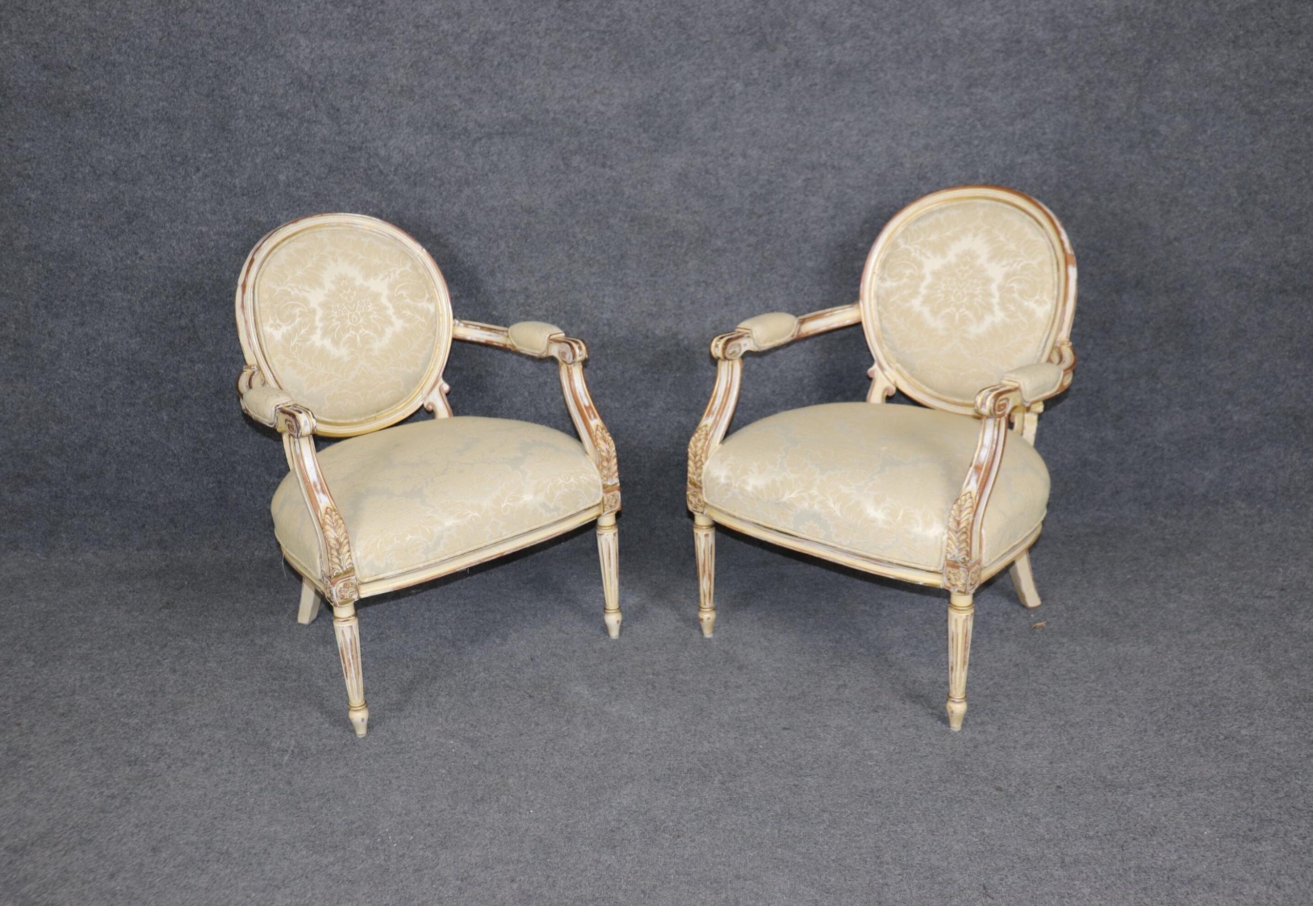 Vintage Louis XVI Style Armchairs: Distressed Paint Accent Chairs
