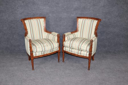 Pair Louis XVI Style Bergere Chairs: Distressed Wood, Striped Upholstery