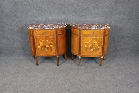 Antique French Louis XVI Style Marble Top Commodes: Floral Inlay Pair